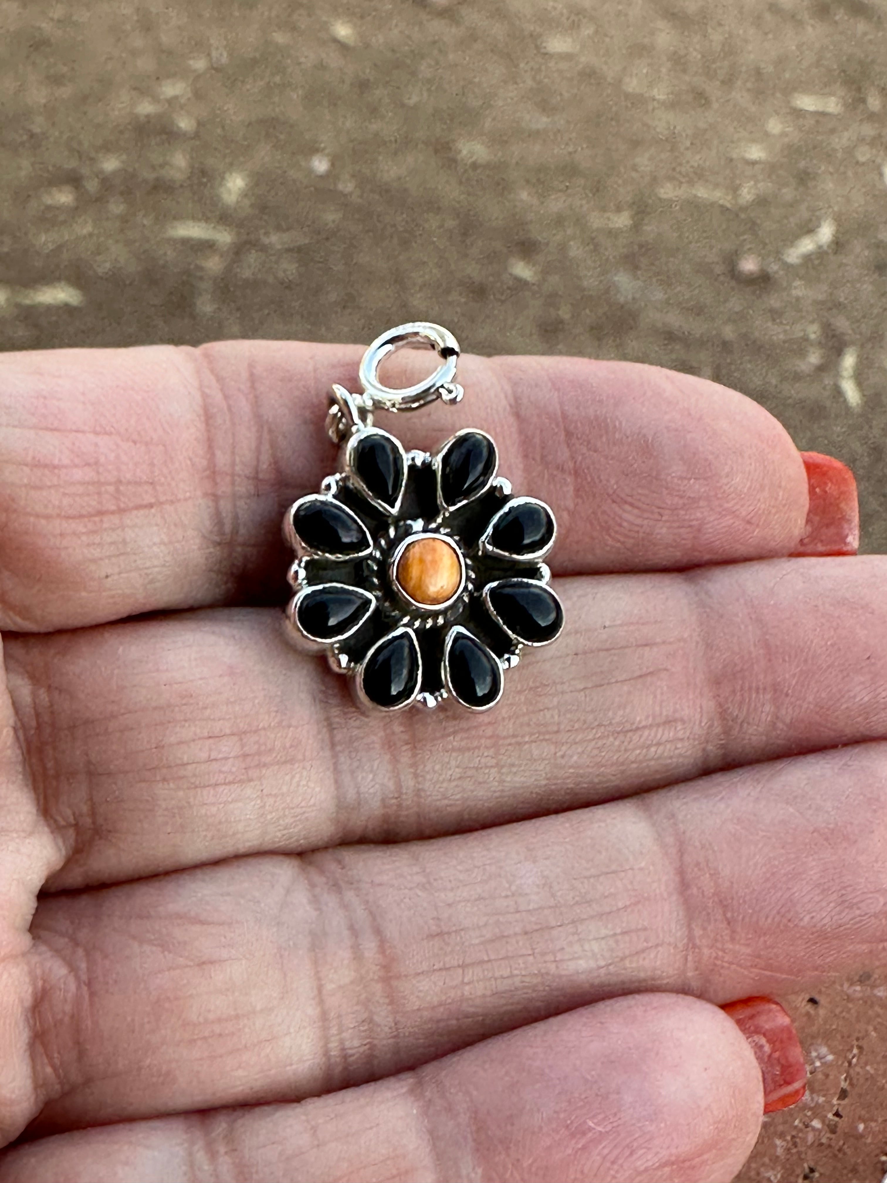 Halloween Collection Sterling Silver, Onyx & Spice Flower Charm