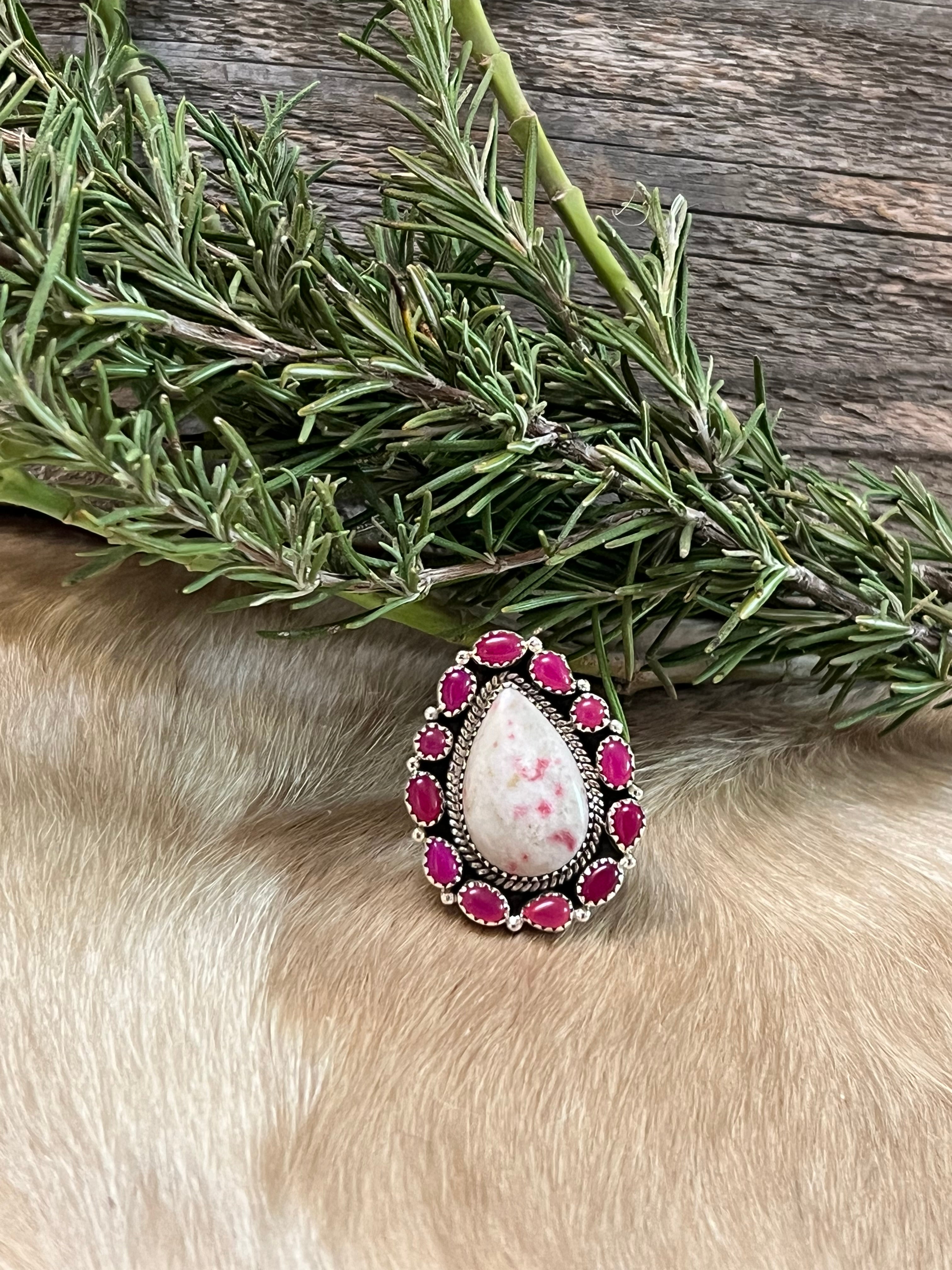 Handmade Pink & White Opal Sterling Silver Adjustable Ring