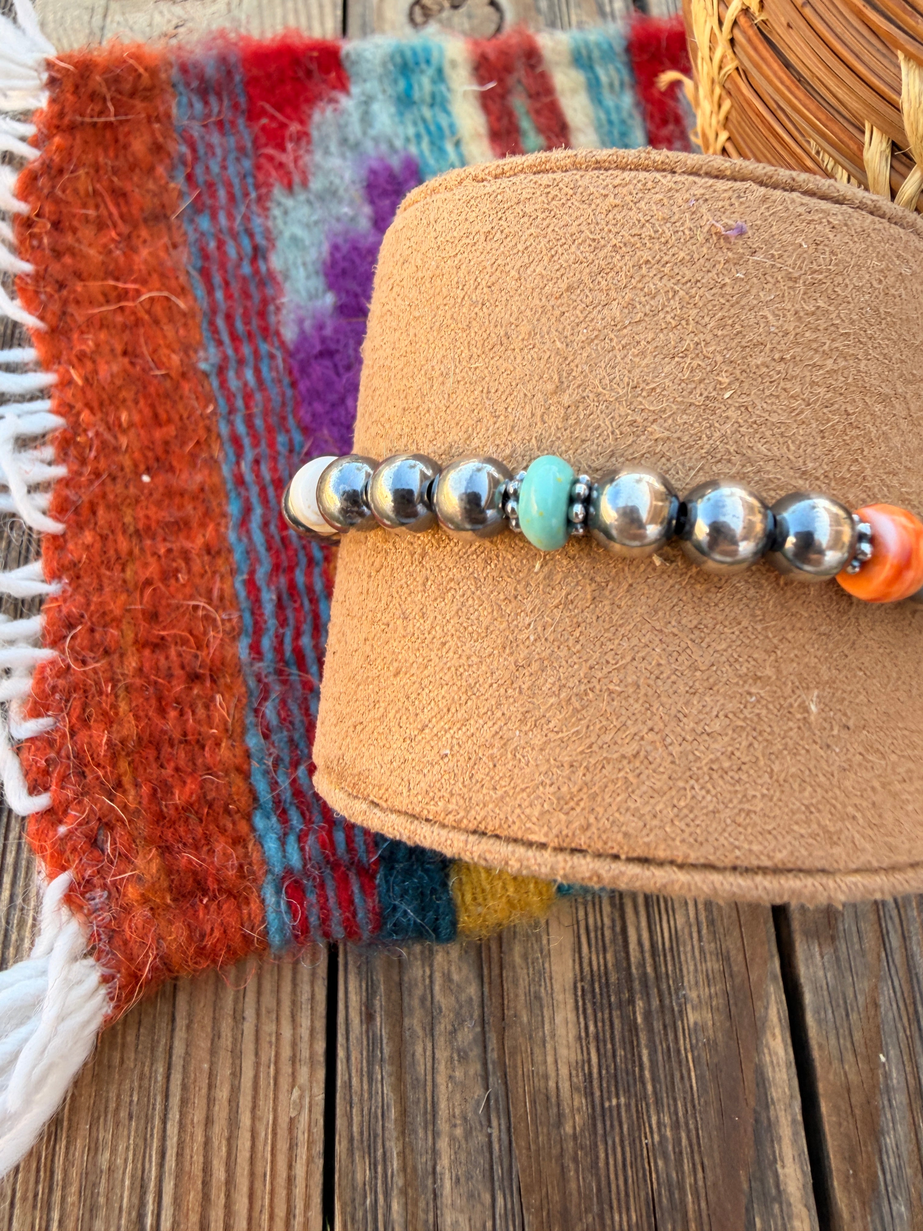 Handcrafted Turquoise, Spiny Oyster & Sterling Silver Pearl Beaded Bracelet