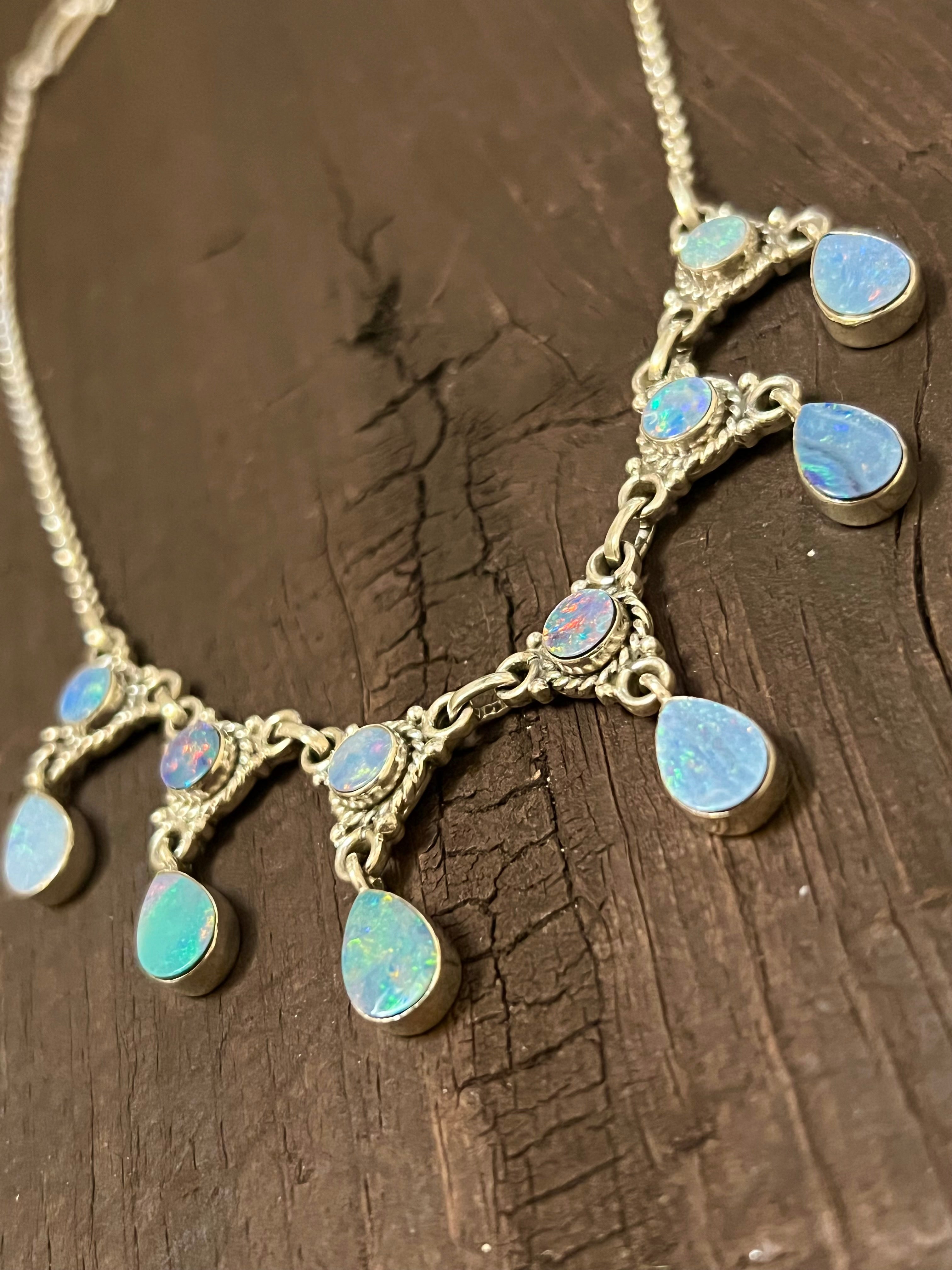 Handmade Light Blue Opal & Fire Blue Opal Sterling Silver Chandelier Necklace