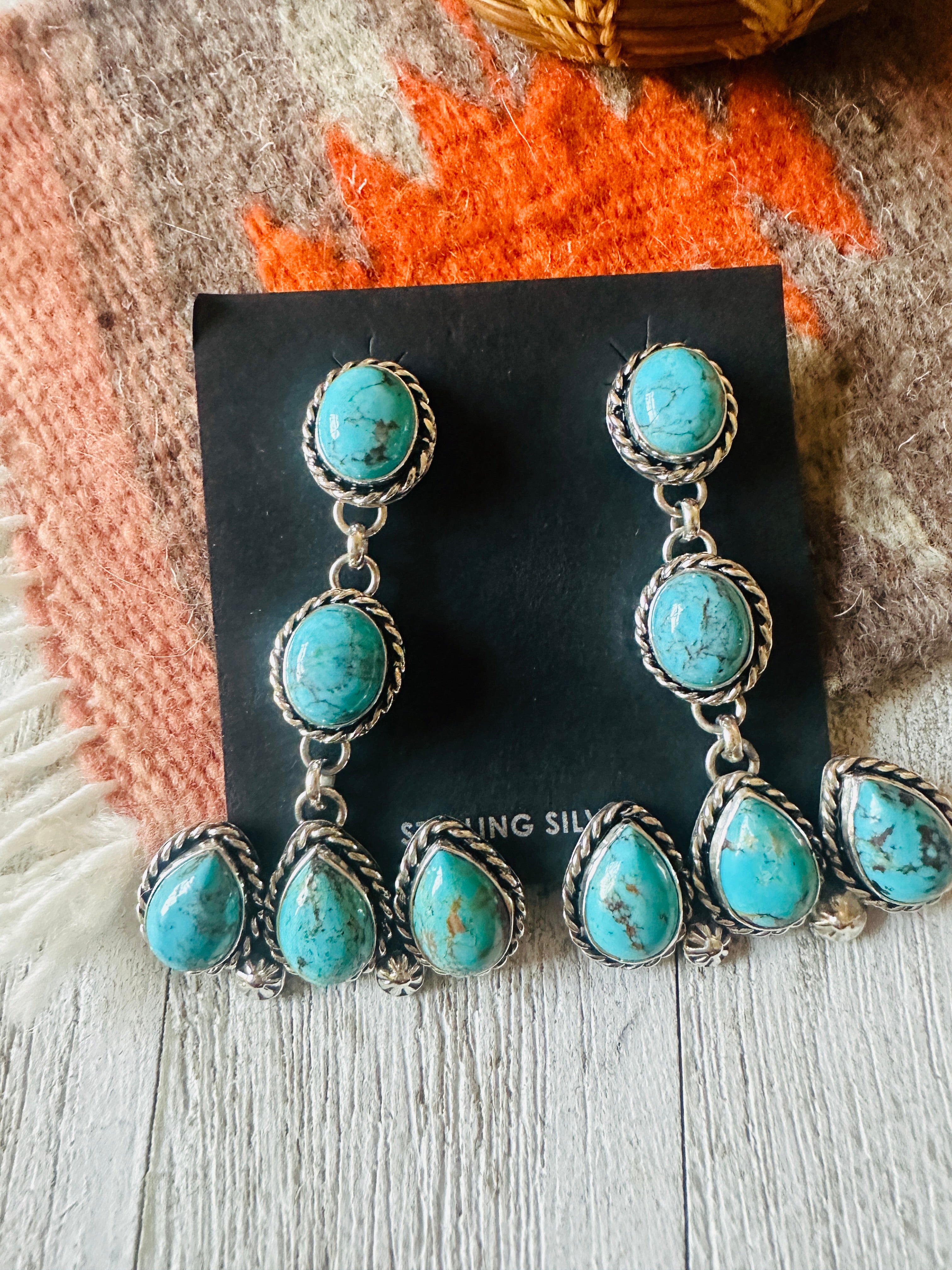 Navajo Turquoise And Sterling Silver Dangle Earrings