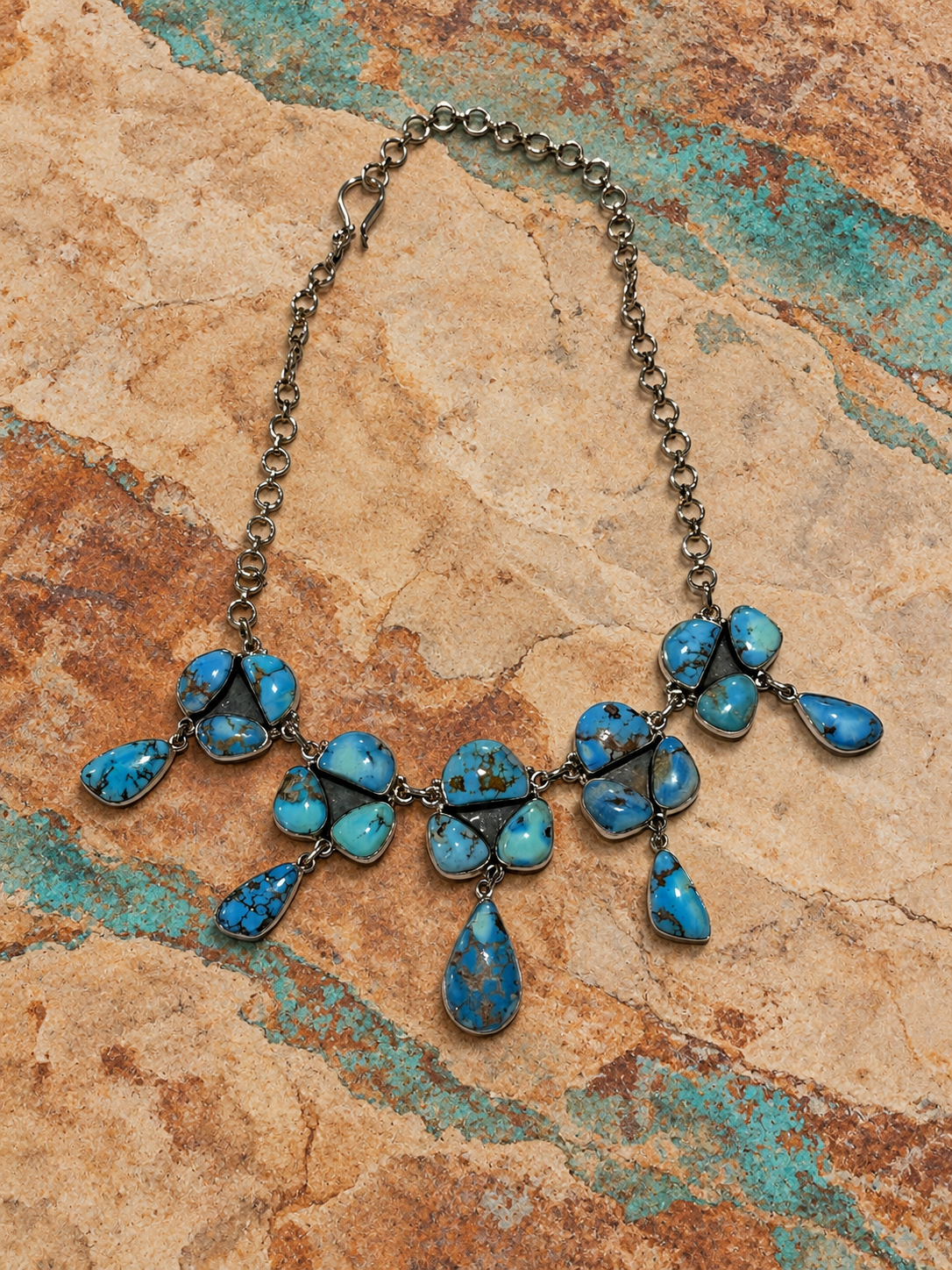Handmade Golden Hills Turquoise & Sterling Silver Waterfall Necklace