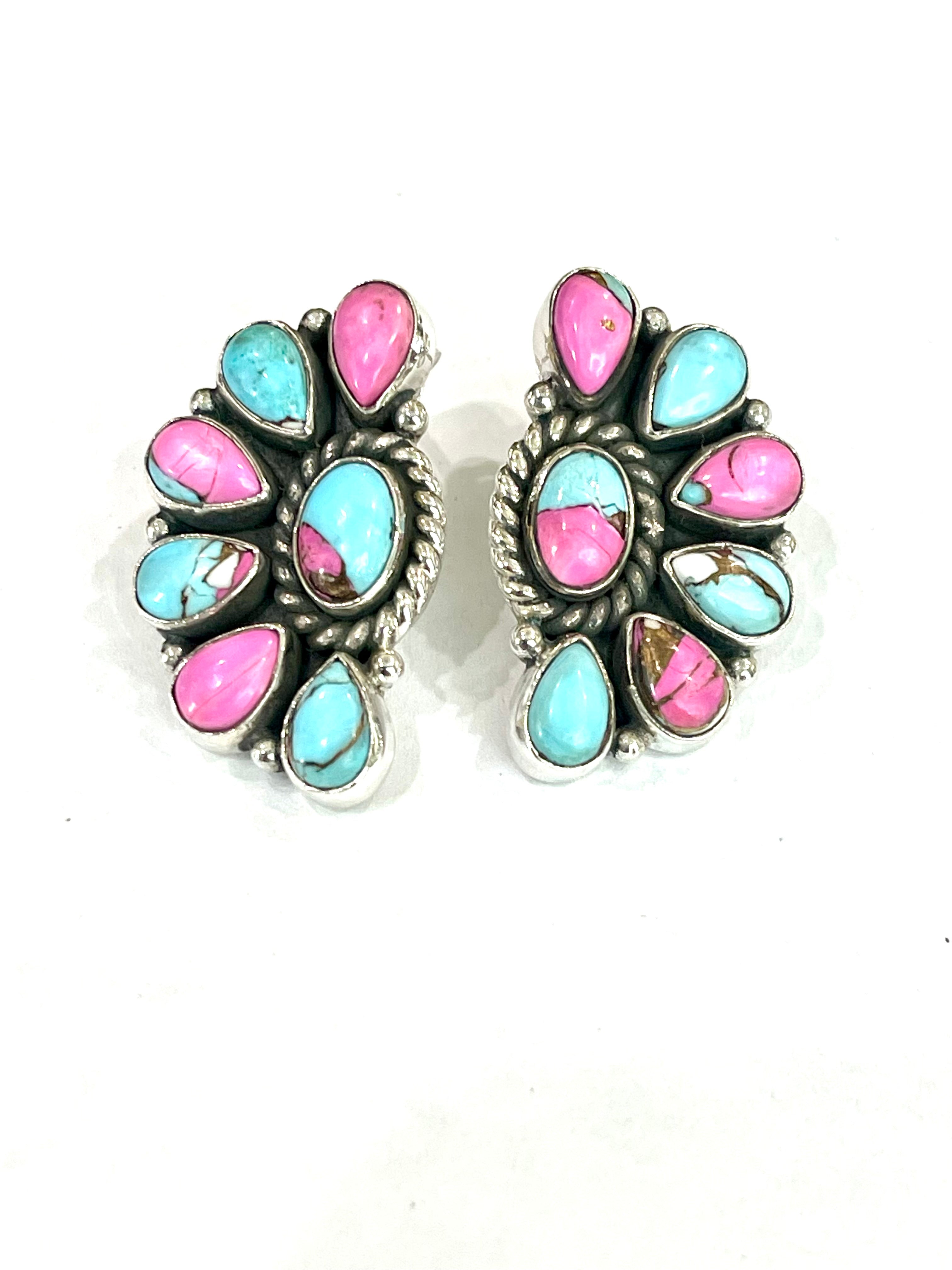 Handmade Sterling Silver Cotton Candy Turquoise Post Earrings with Signed Nizhoni