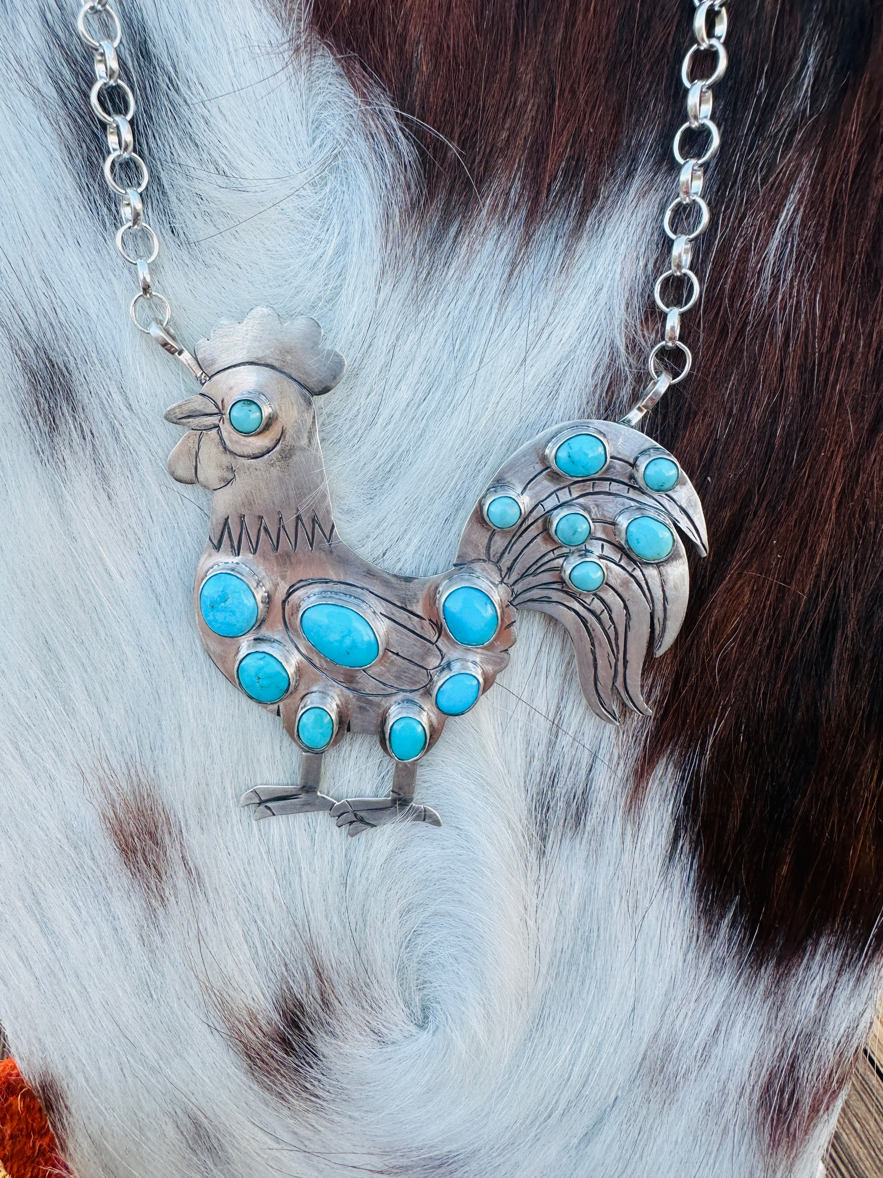 Handcrafted Turquoise & Sterling Silver Rooster Necklace