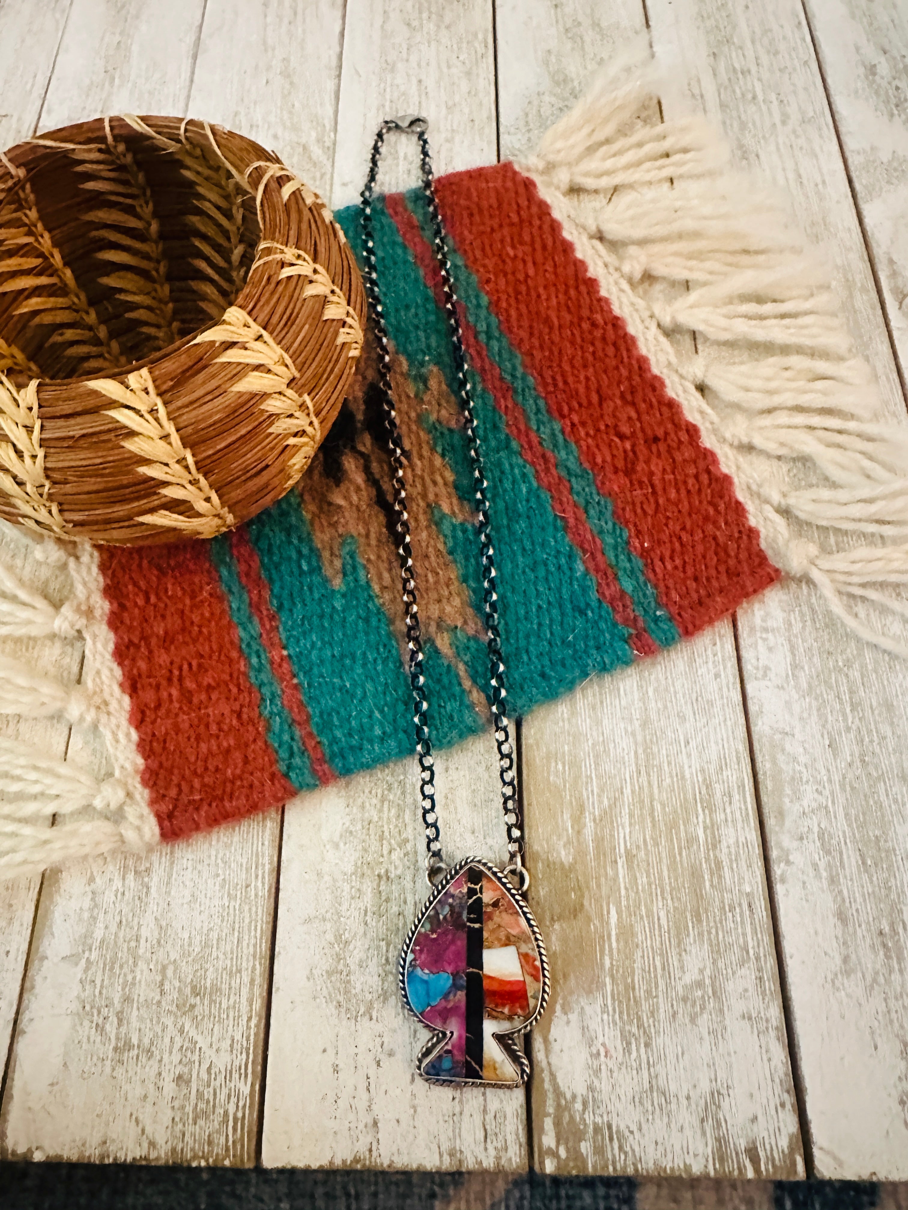 Navajo Sterling Silver & Multi Stone Inlay Spade Necklace