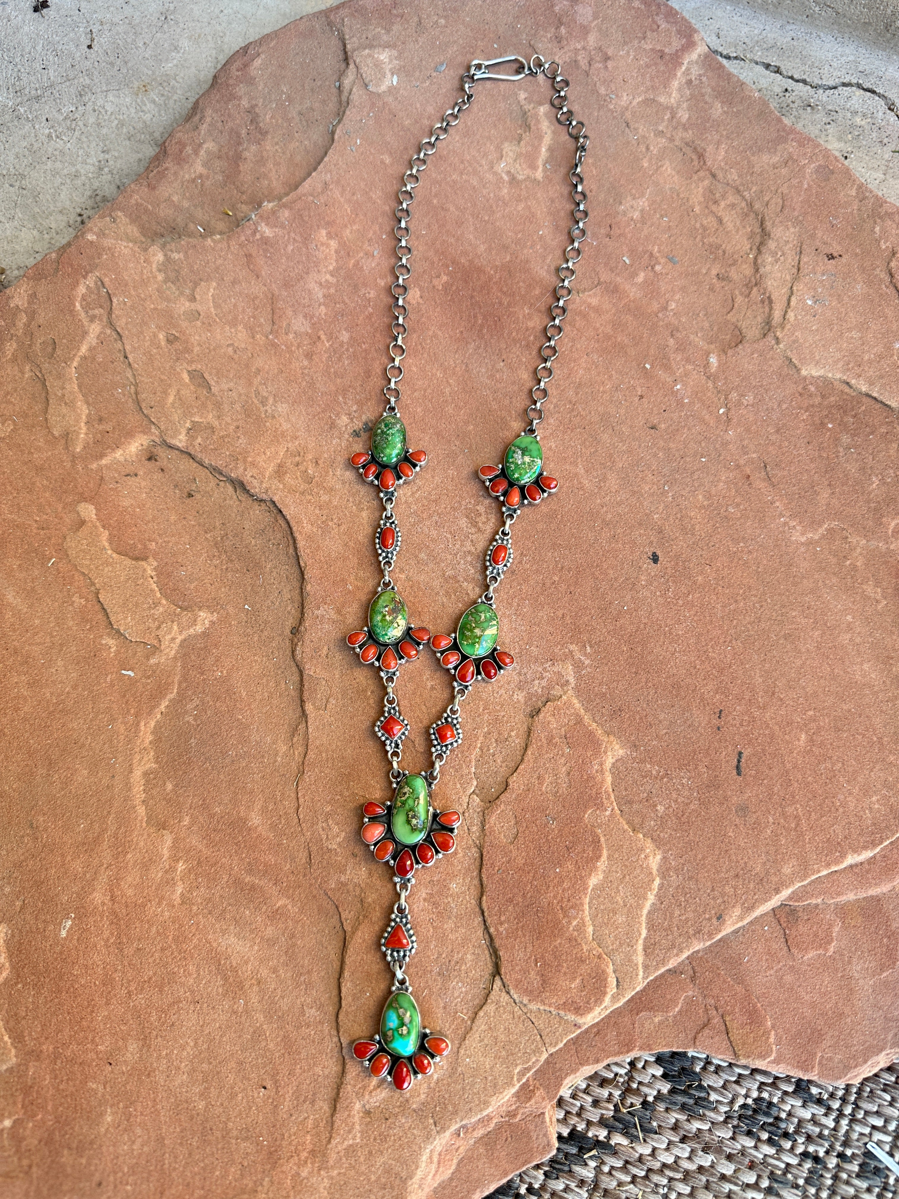 Beautiful Handmade Sterling Silver, Coral & Sonoran Turquoise Lariat Necklace