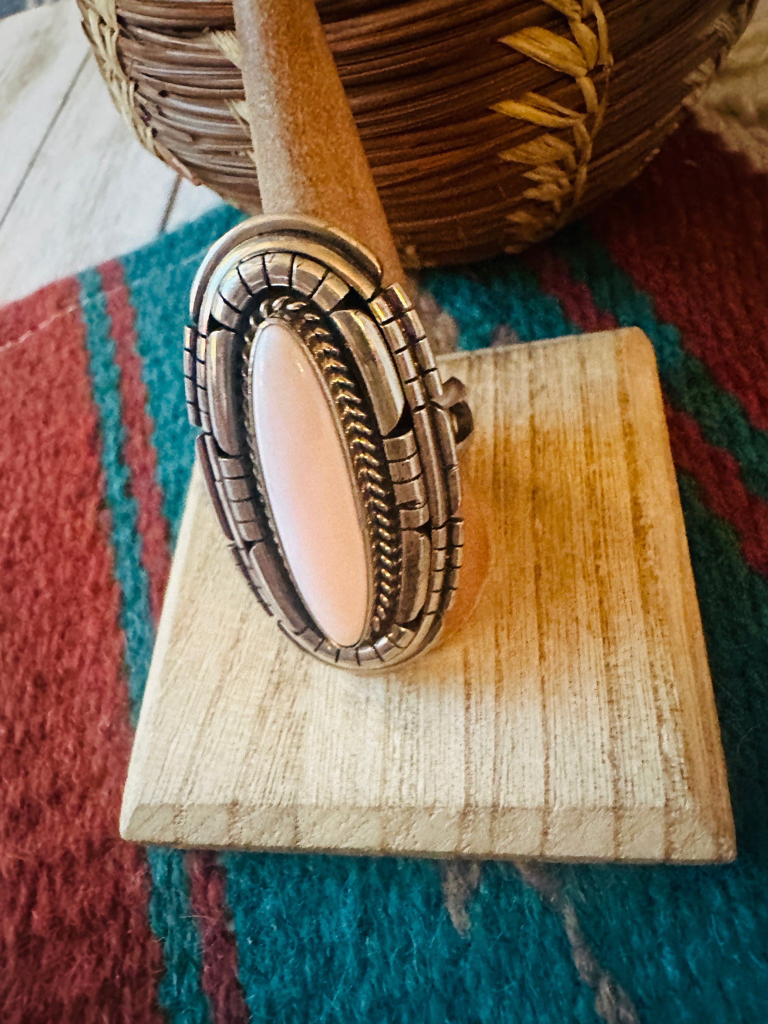 Navajo Sterling Silver & Queen Pink Conch Adjustable Ring