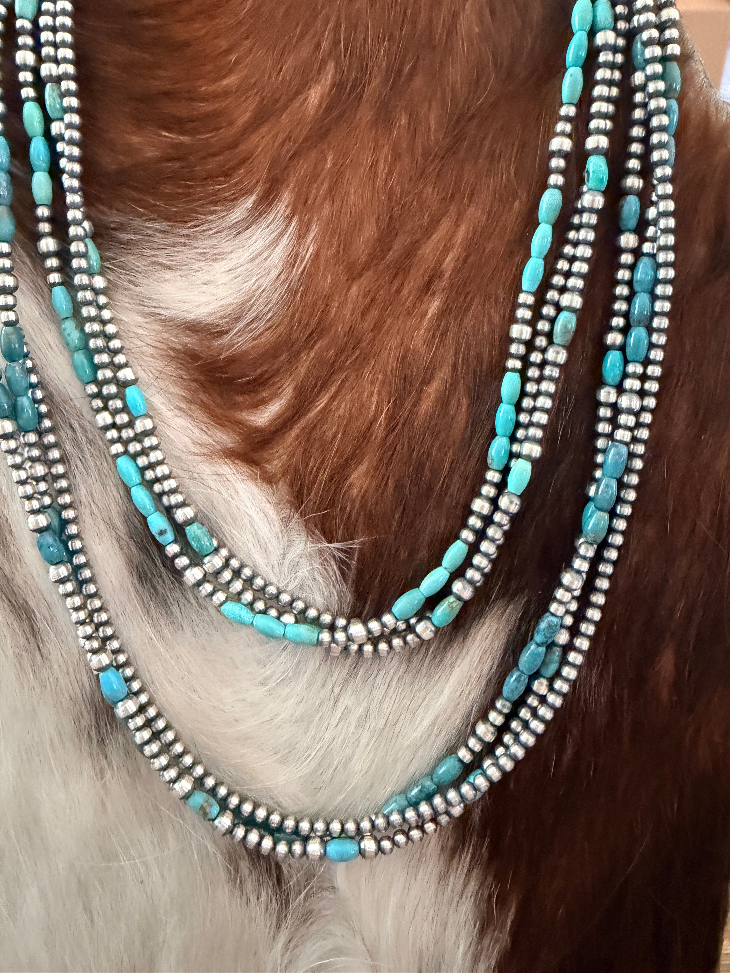 Handcrafted Turquoise & Sterling Silver Pearl Triple-Strand Beaded Necklace