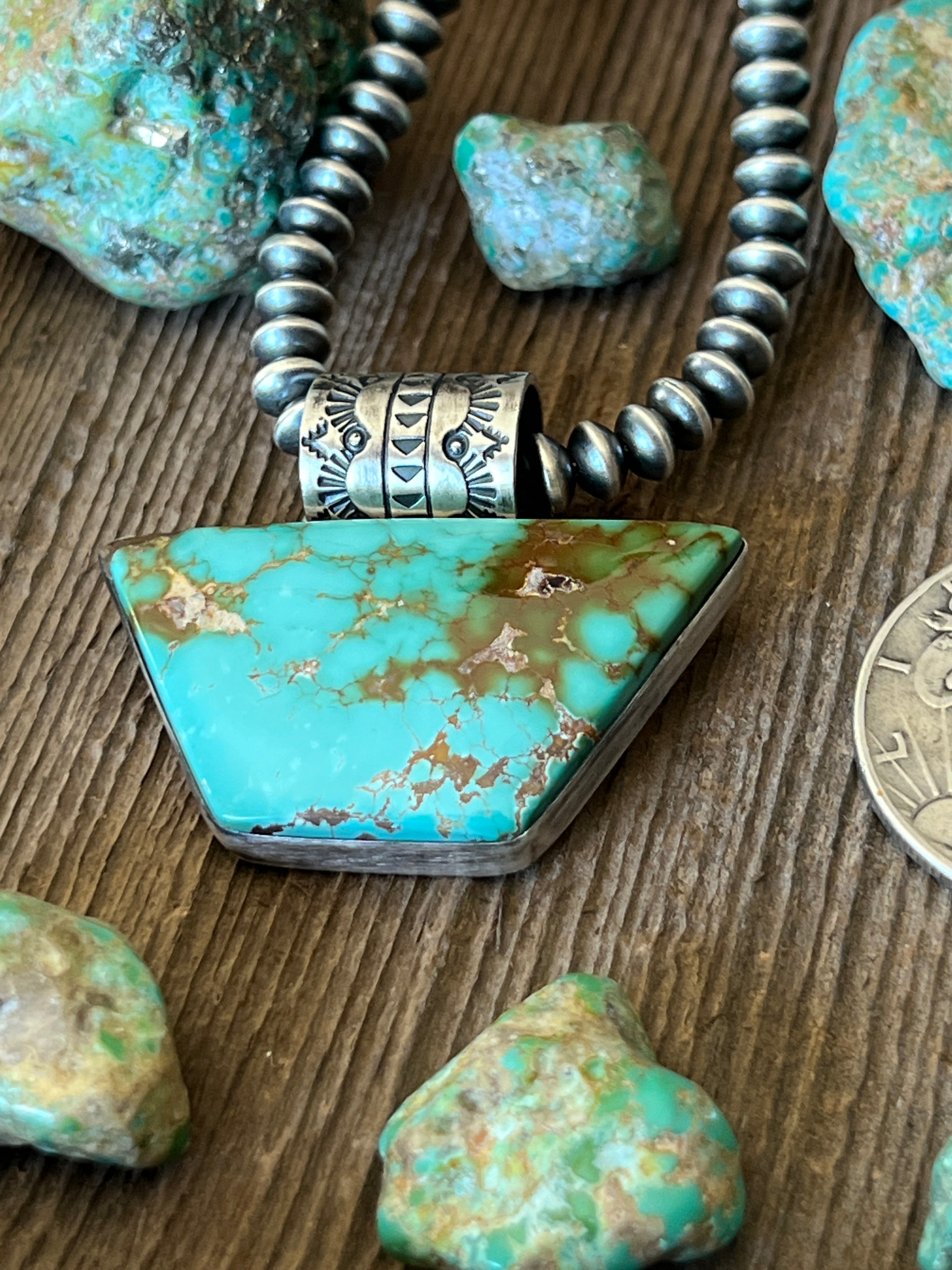 Handcrafted Sterling Silver and Royston Turquoise Solo Pendant by Angela Martin