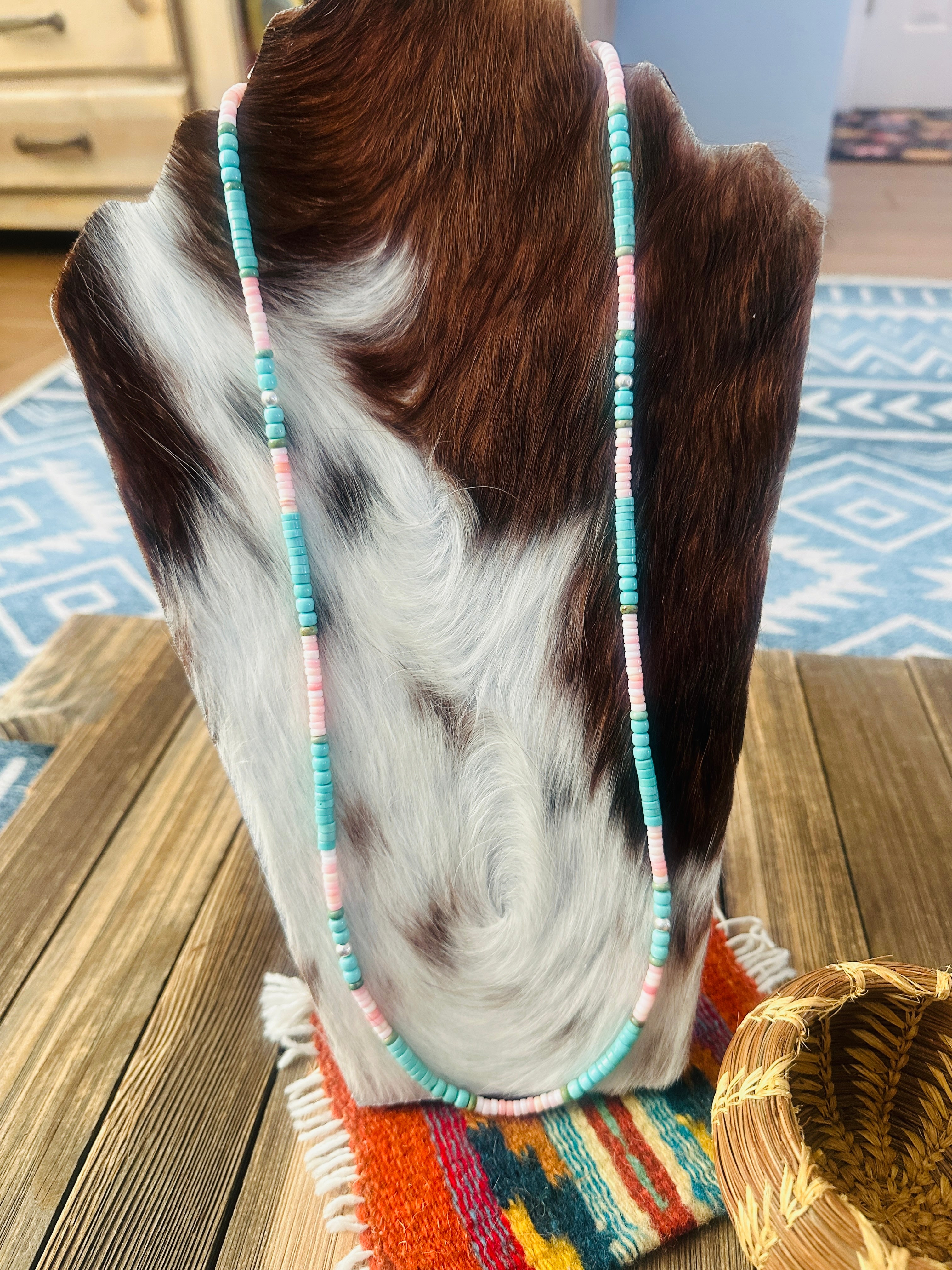 Handcrafted Turquoise, Queen Pink Conch & Sterling Silver 30” Beaded Necklace