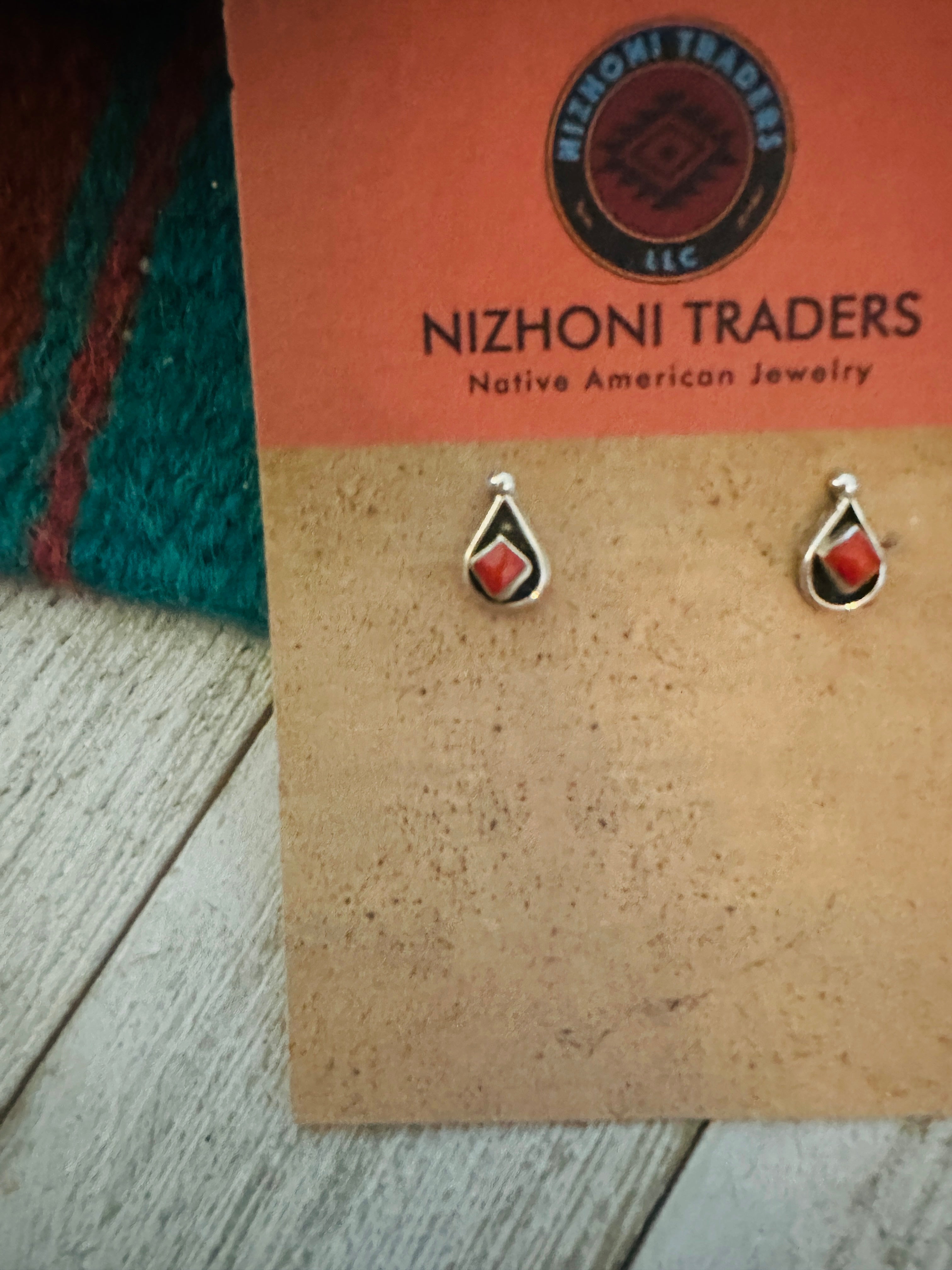 Zuni Coral & Sterling Silver Shadowbox Stud Earrings