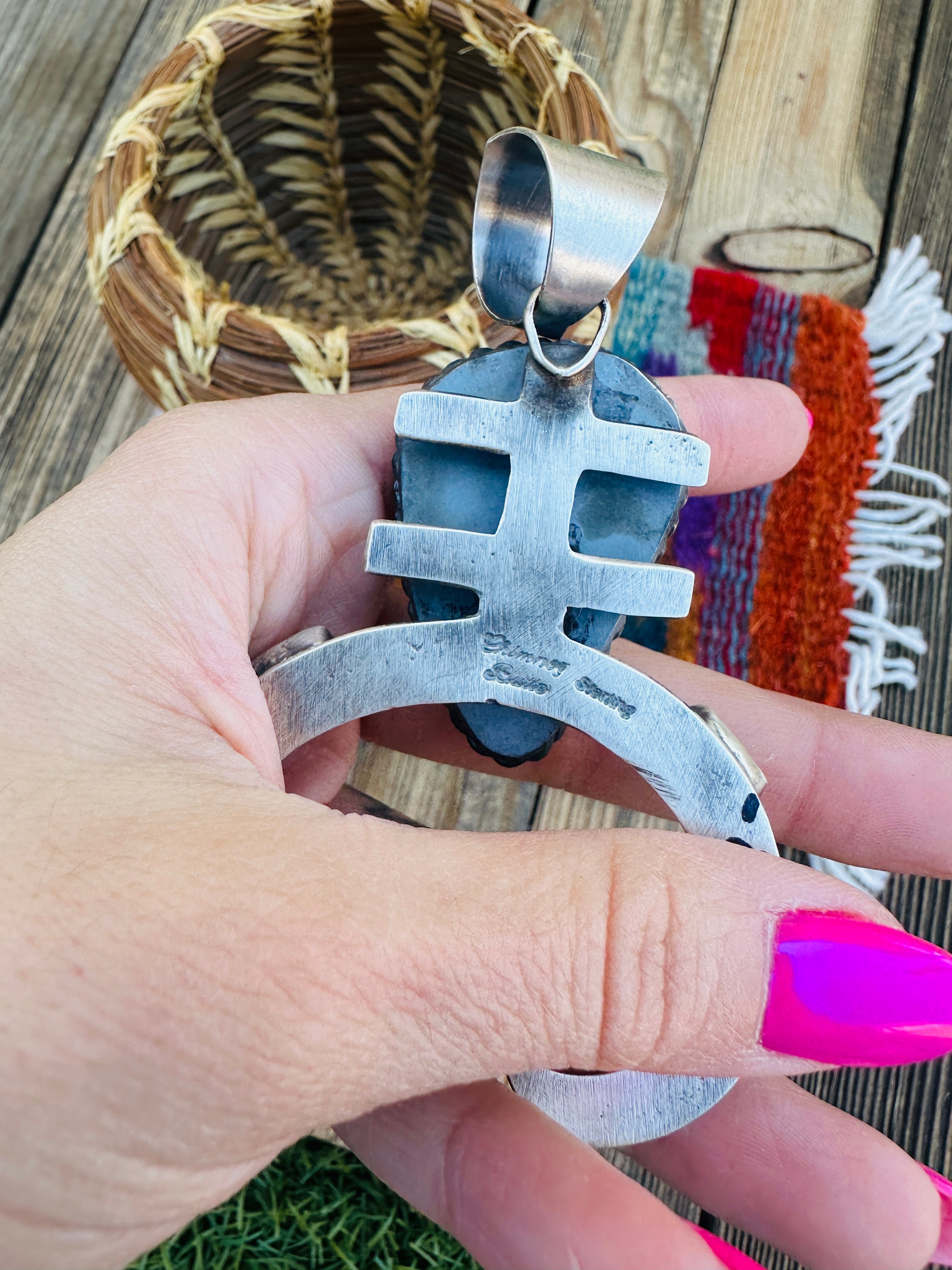 Handcrafted Sterling Silver, Turquoise & Coral Naja Pendant by Chimney Butte