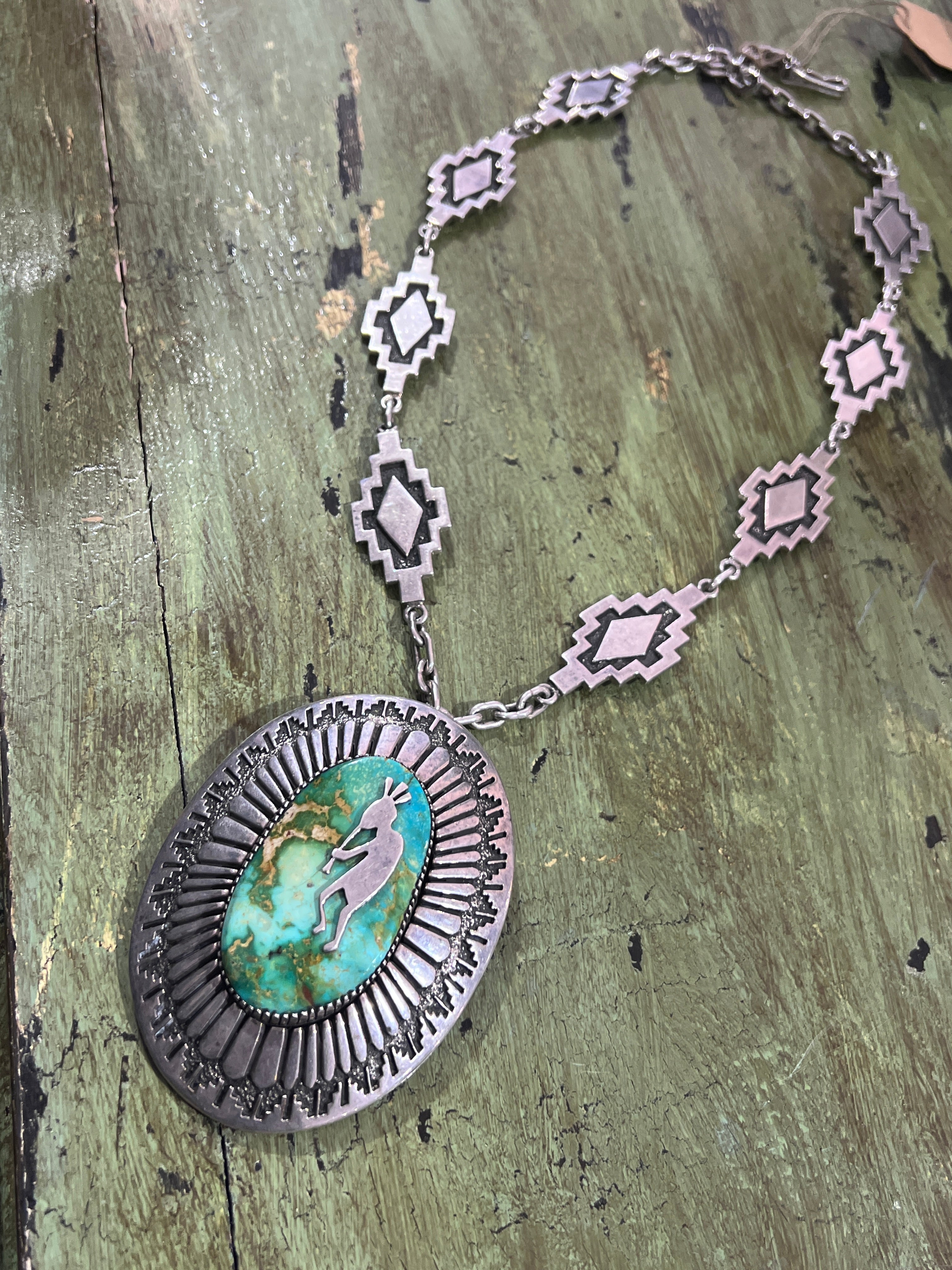 Vintage Handcrafted Sterling Silver and Royston Turquoise Kokopelli Necklace by Tommy Jackson