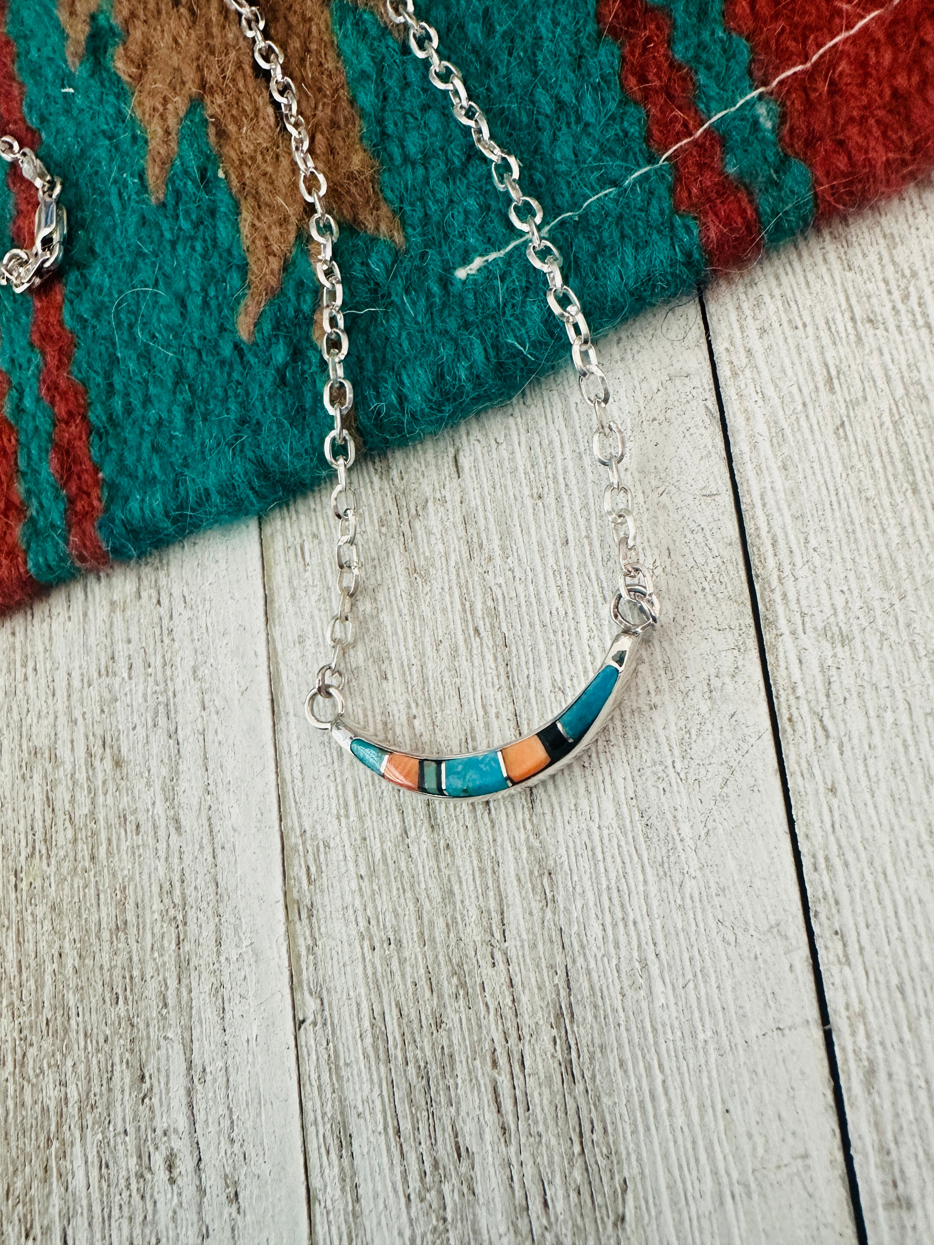 Navajo Sterling Silver & Multi Stone Inlay Crescent Necklace