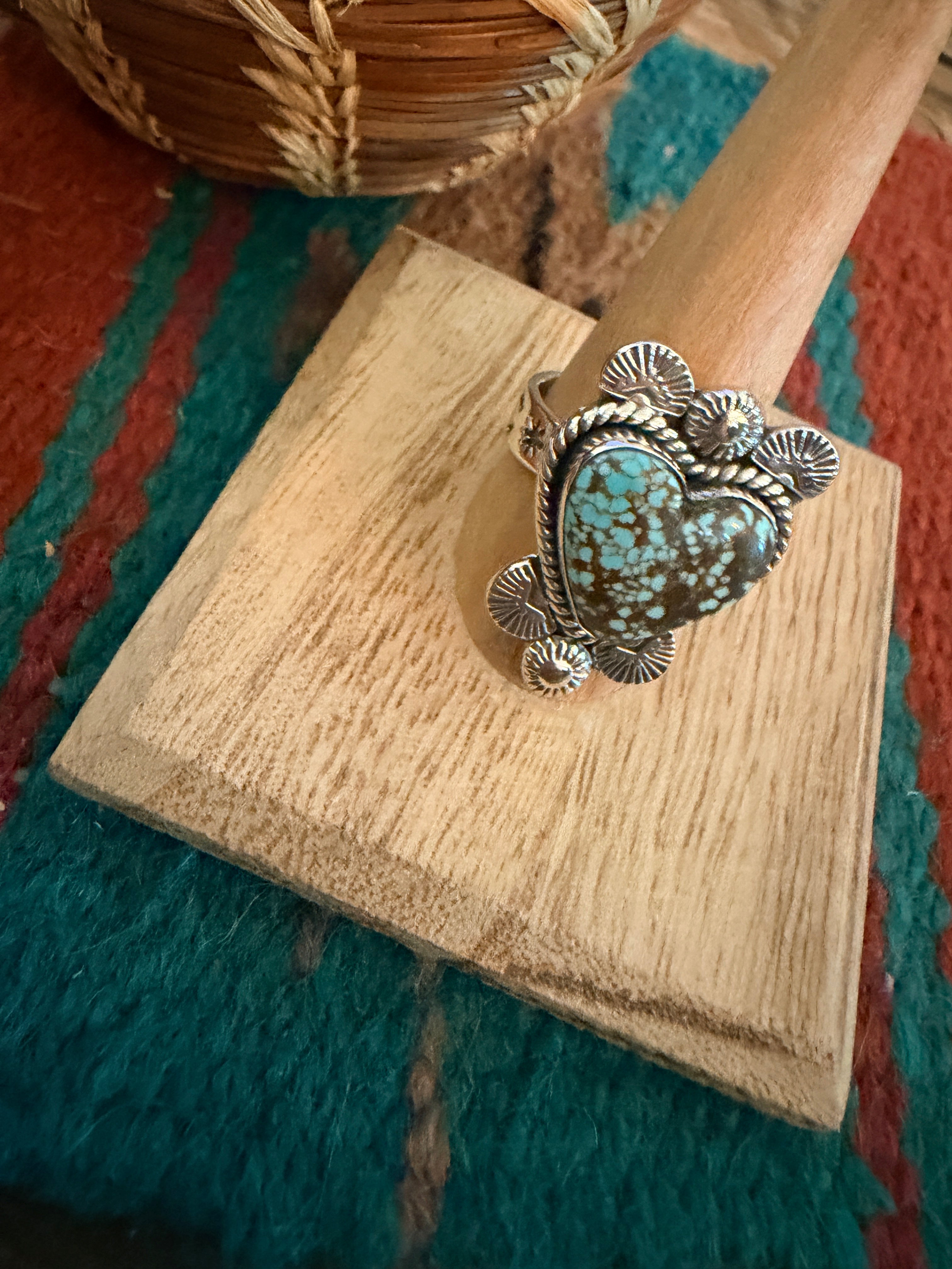 Handmade Sterling Silver Number 8 Turquoise Adjustable Heart Ring Signed Nizhoni