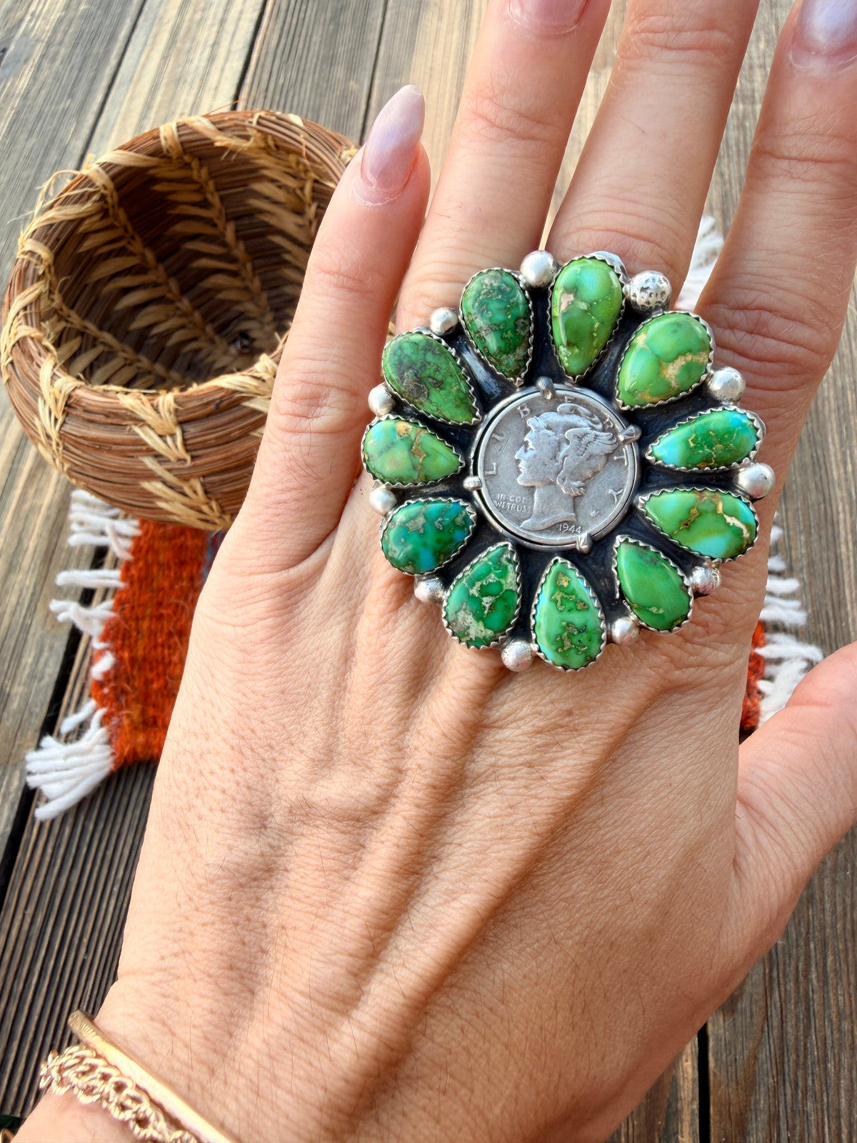 Handcrafted Sonoran Mountain Turquoise & Sterling Silver Liberty Dime Adjustable Ring by Michael Thomas Jr.