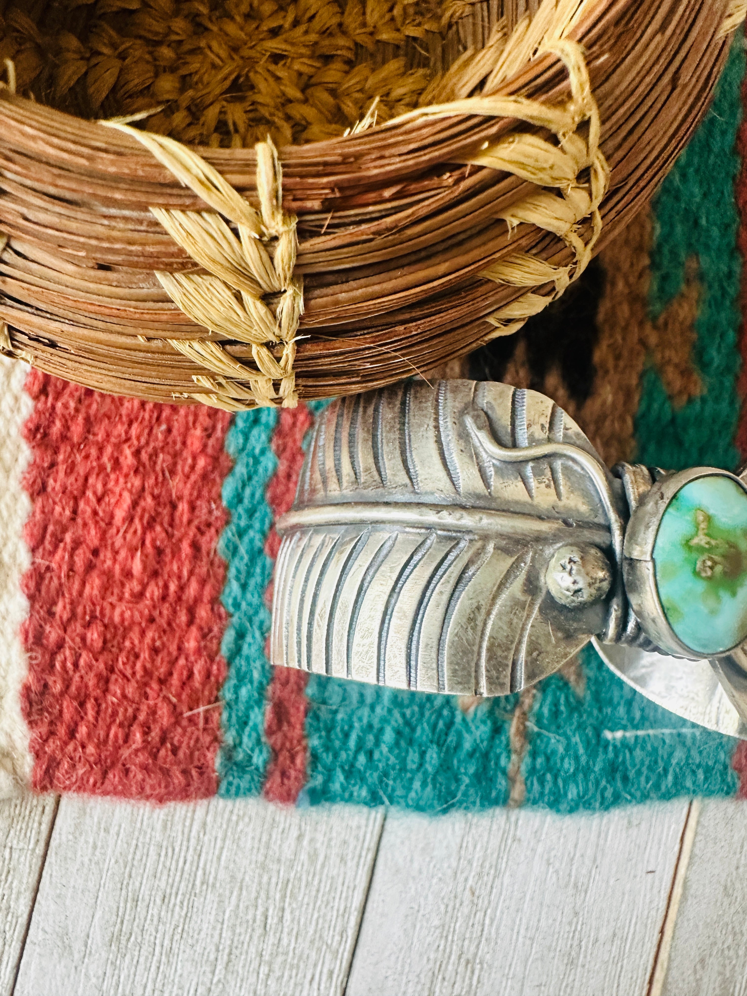 Navajo Sonoran Gold Turquoise & Sterling Silver Feather Cuff Bracelet