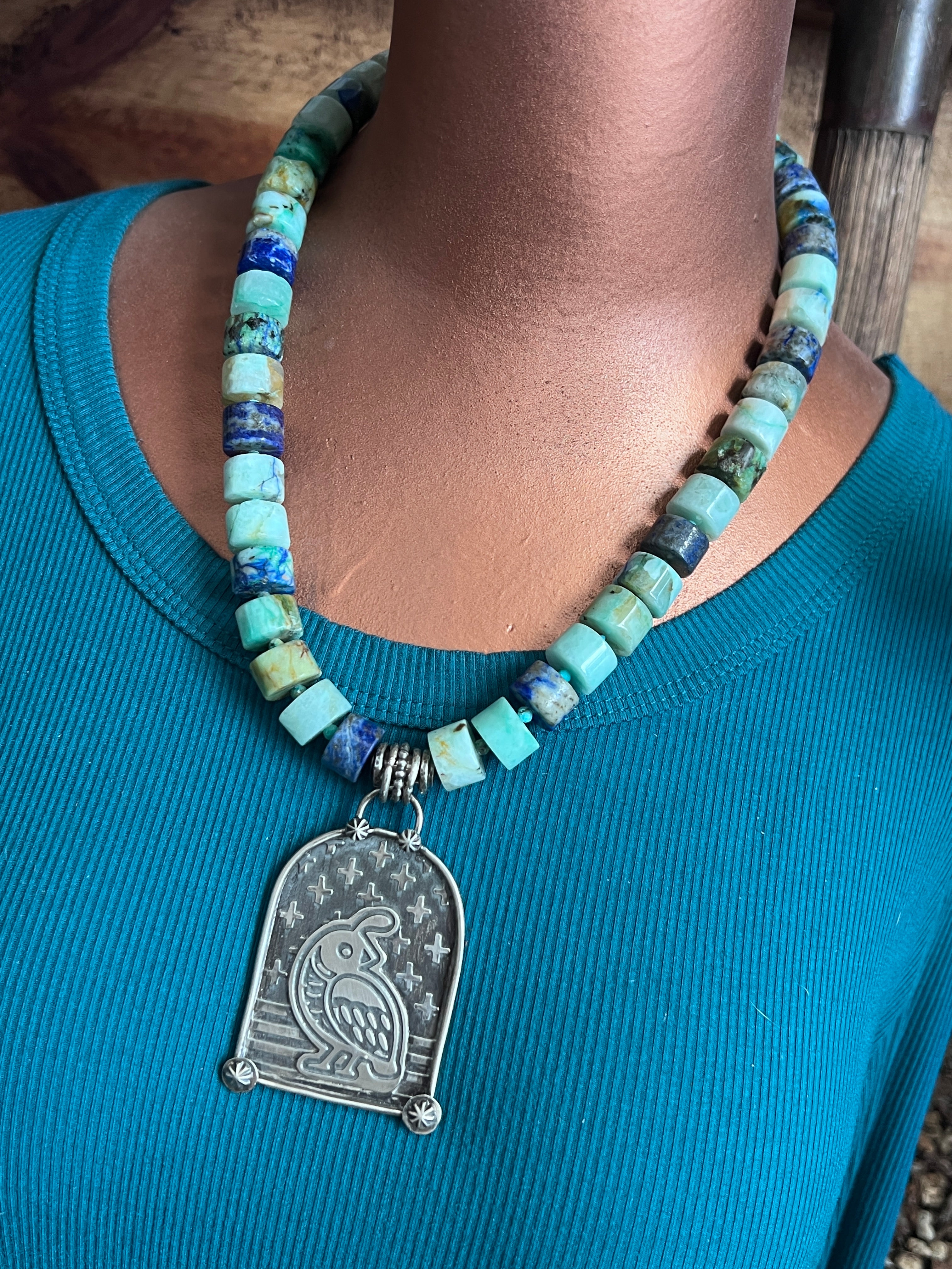 Tularosa Sterling Silver & Chrysocolla Beaded Quail Retablo Necklace