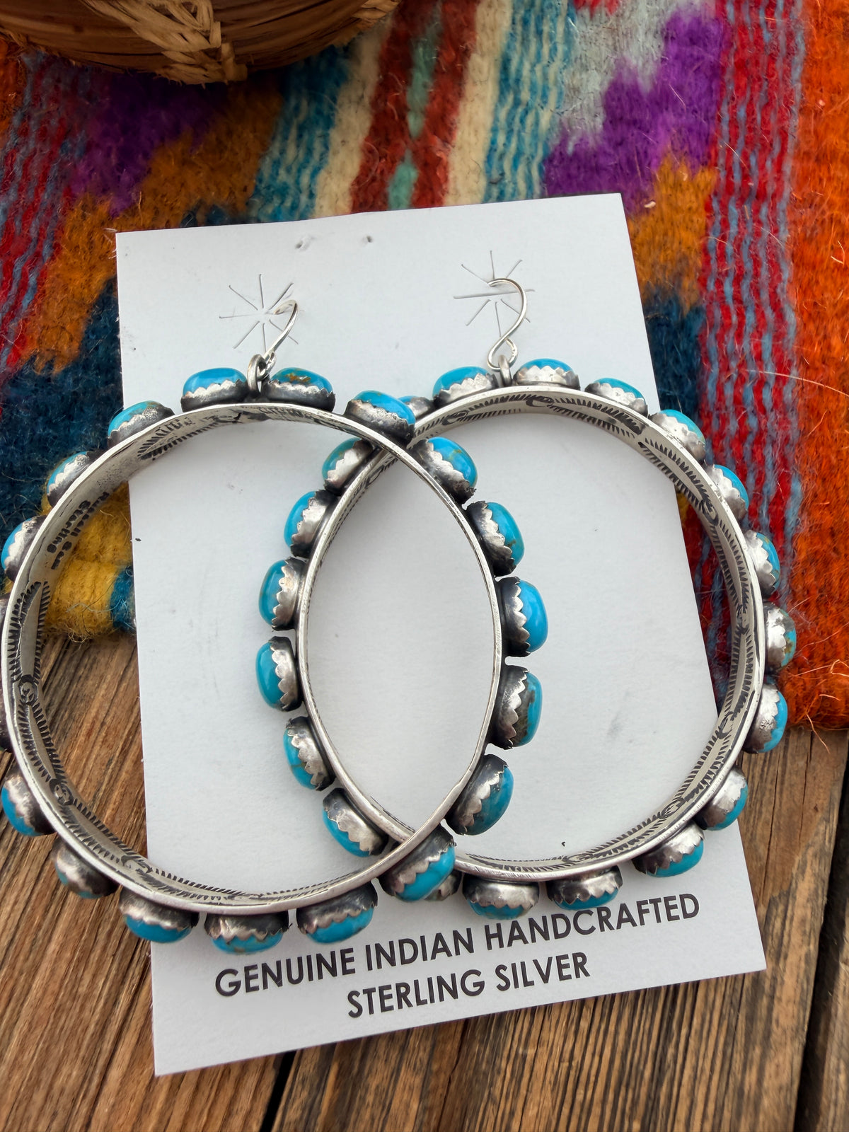 Handcrafted Turquoise & Sterling Silver Dangle Hoop Earrings by Russell Sam