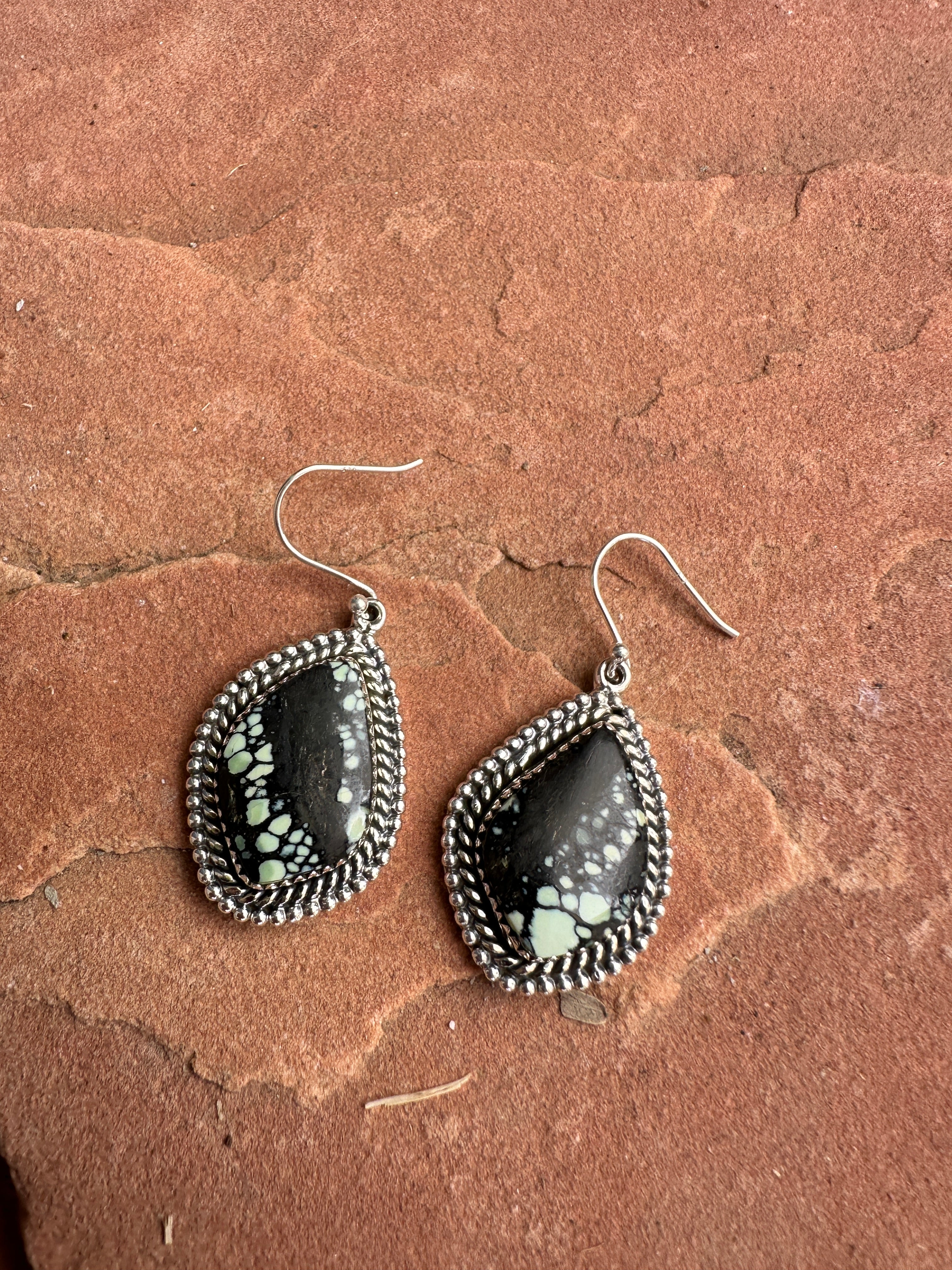 Handmade New Lander Turquoise and Sterling Silver Dangles