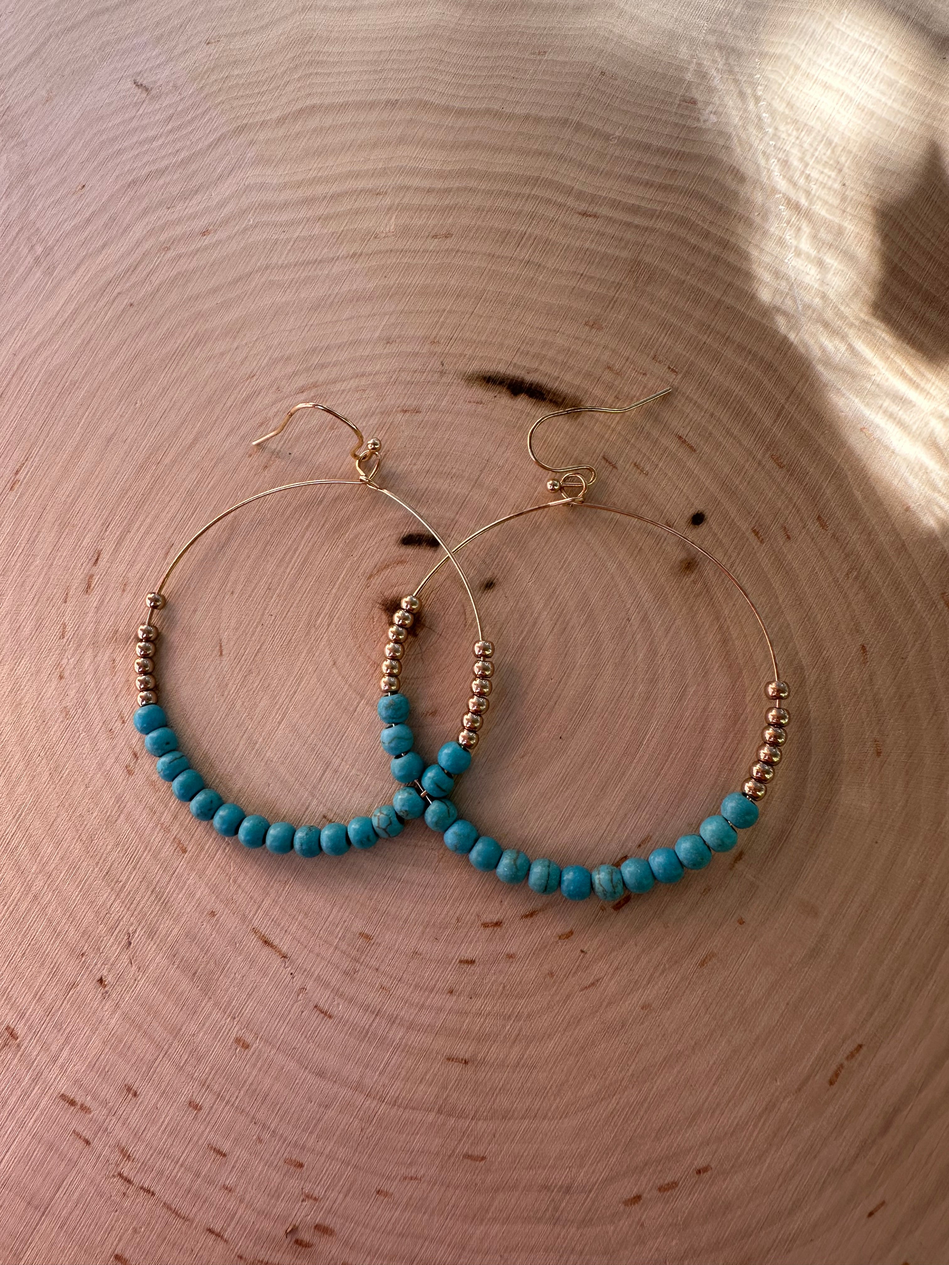 “The Golden Collection” Summer Hoop Handmade Turquoise Beaded & 14k Gold Plated Hoop Earrings