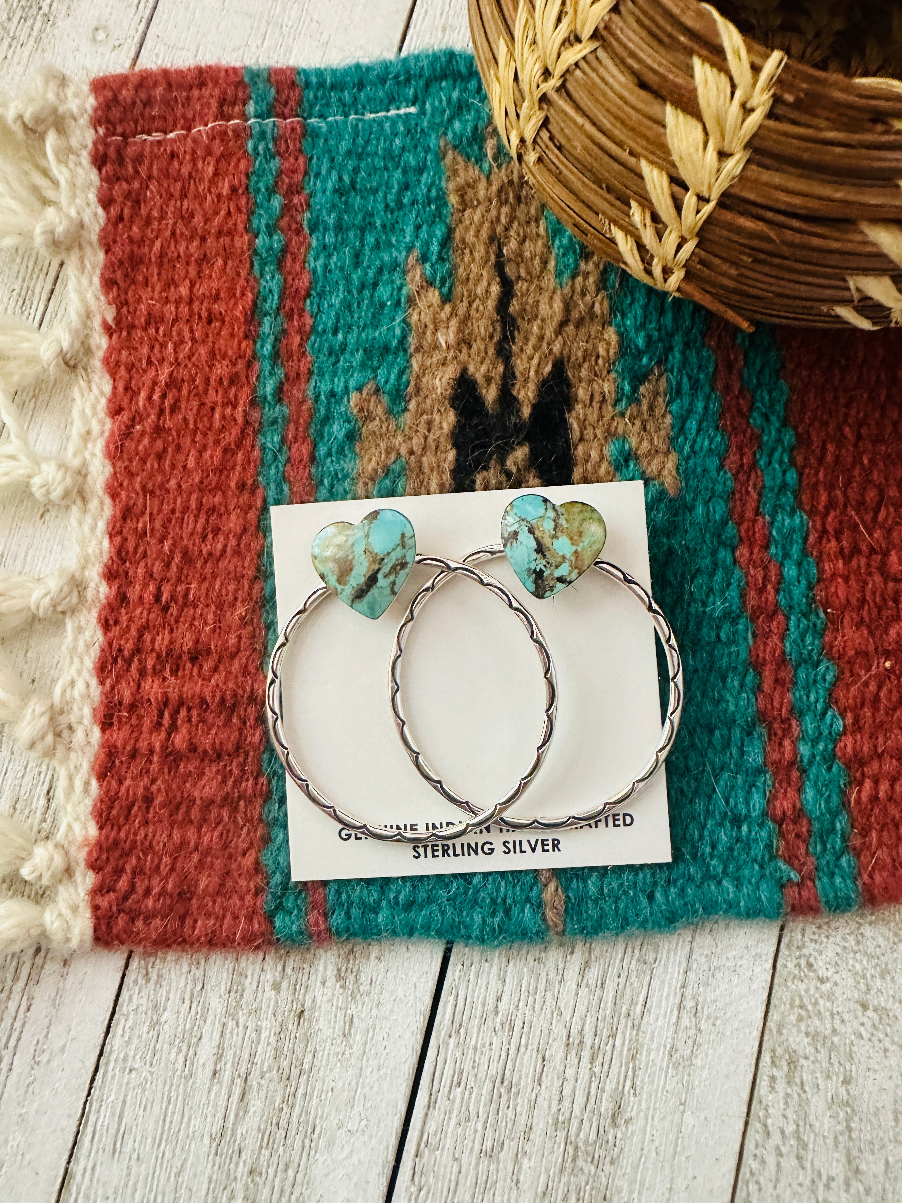 Navajo Turquoise & Sterling Silver Heart Hoop Earrings