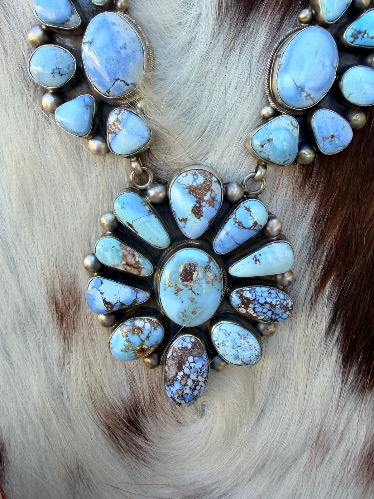 Handcrafted Golden Hills Turquoise & Sterling Silver Cluster Necklace and Earring Set by Kathleen Chavez