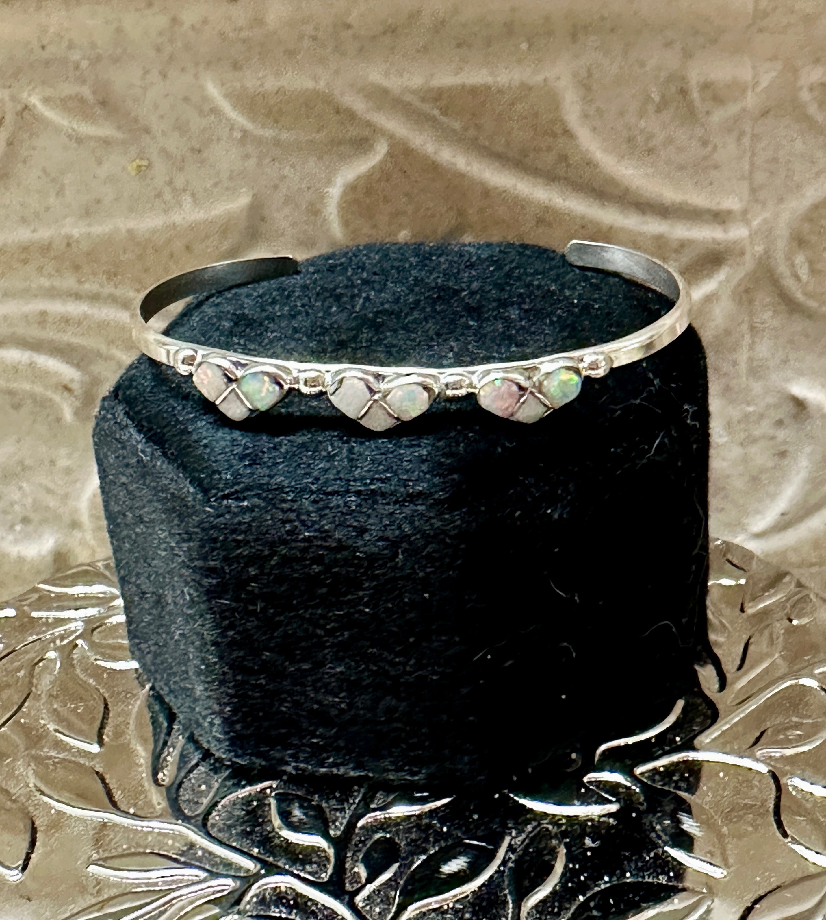 Sterling Silver Opal Three White Hearts Baby Cuff Bracelet