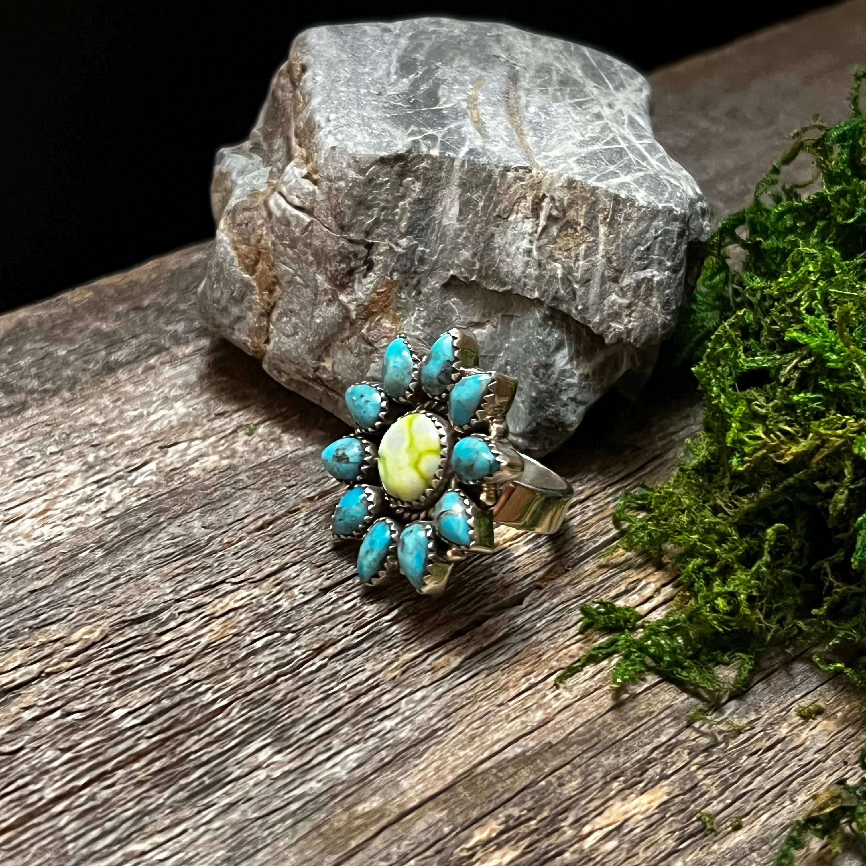 Handmade Sterling Silver Turquoise & Paloma Cluster Ring