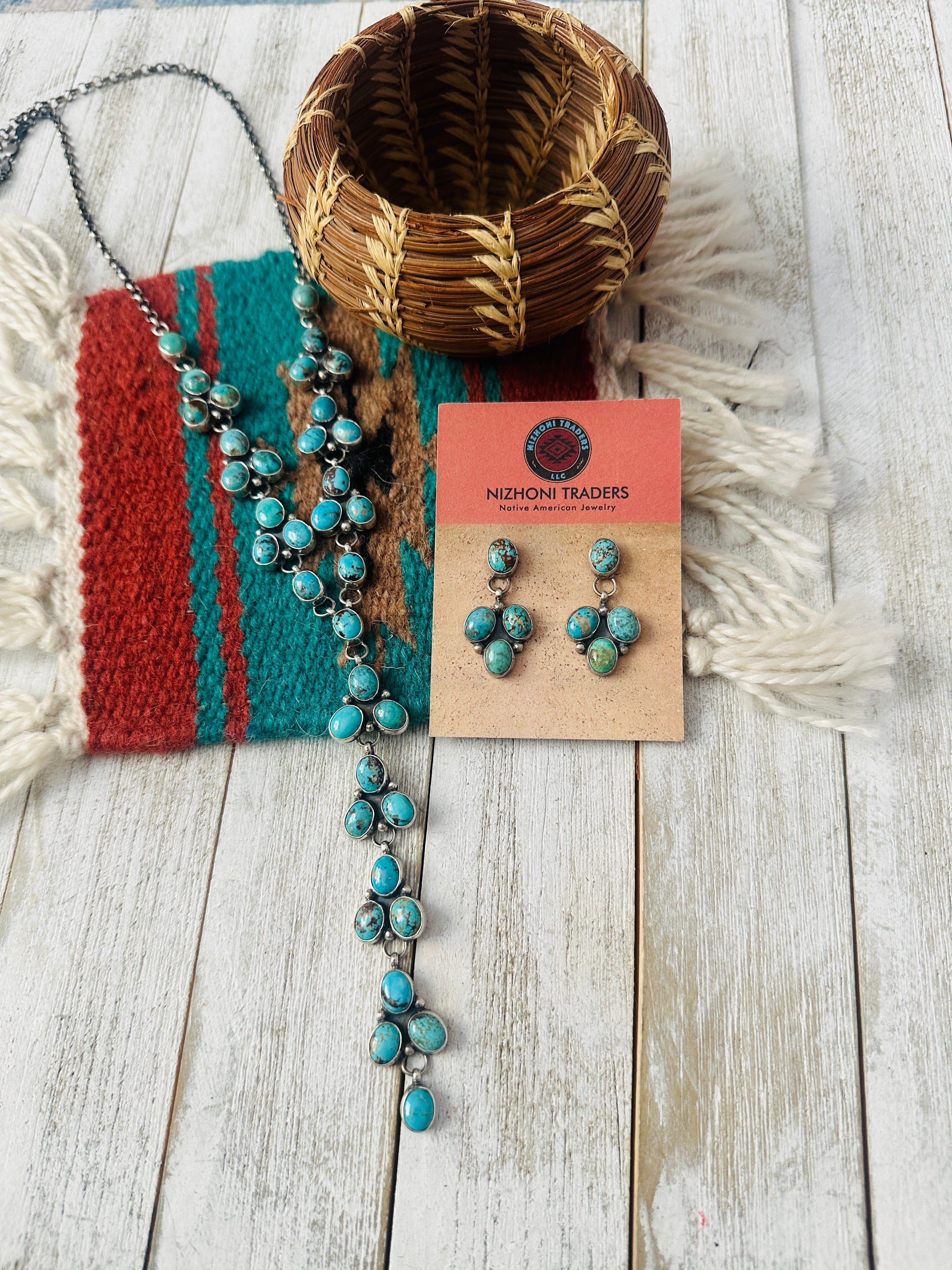 Navajo Sterling Silver & Turquoise Cluster Lariat Necklace Set