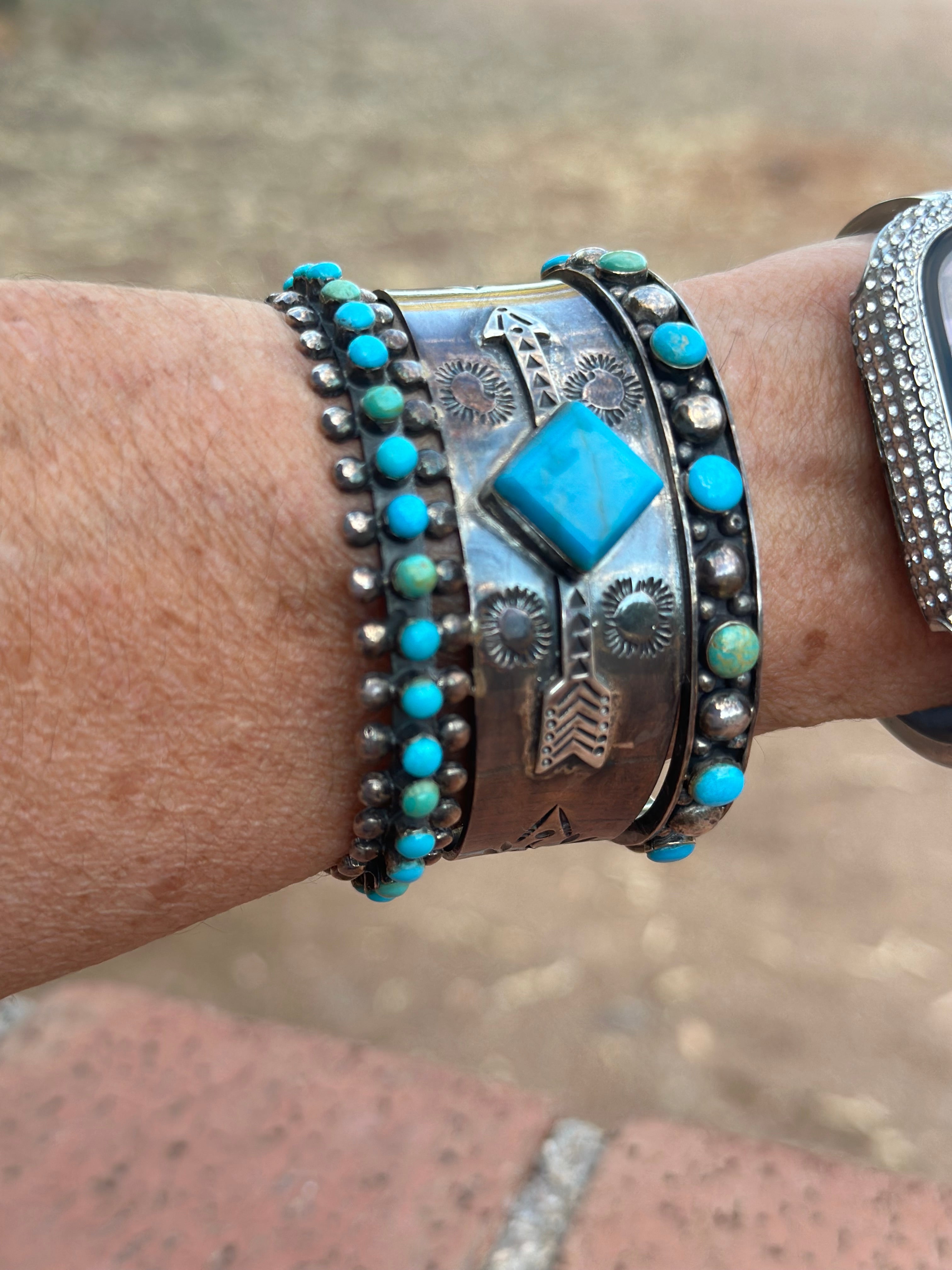 Handmade Sterling Silver Sleeping Beauty and Royston Turquoise Thunderbird Cuff