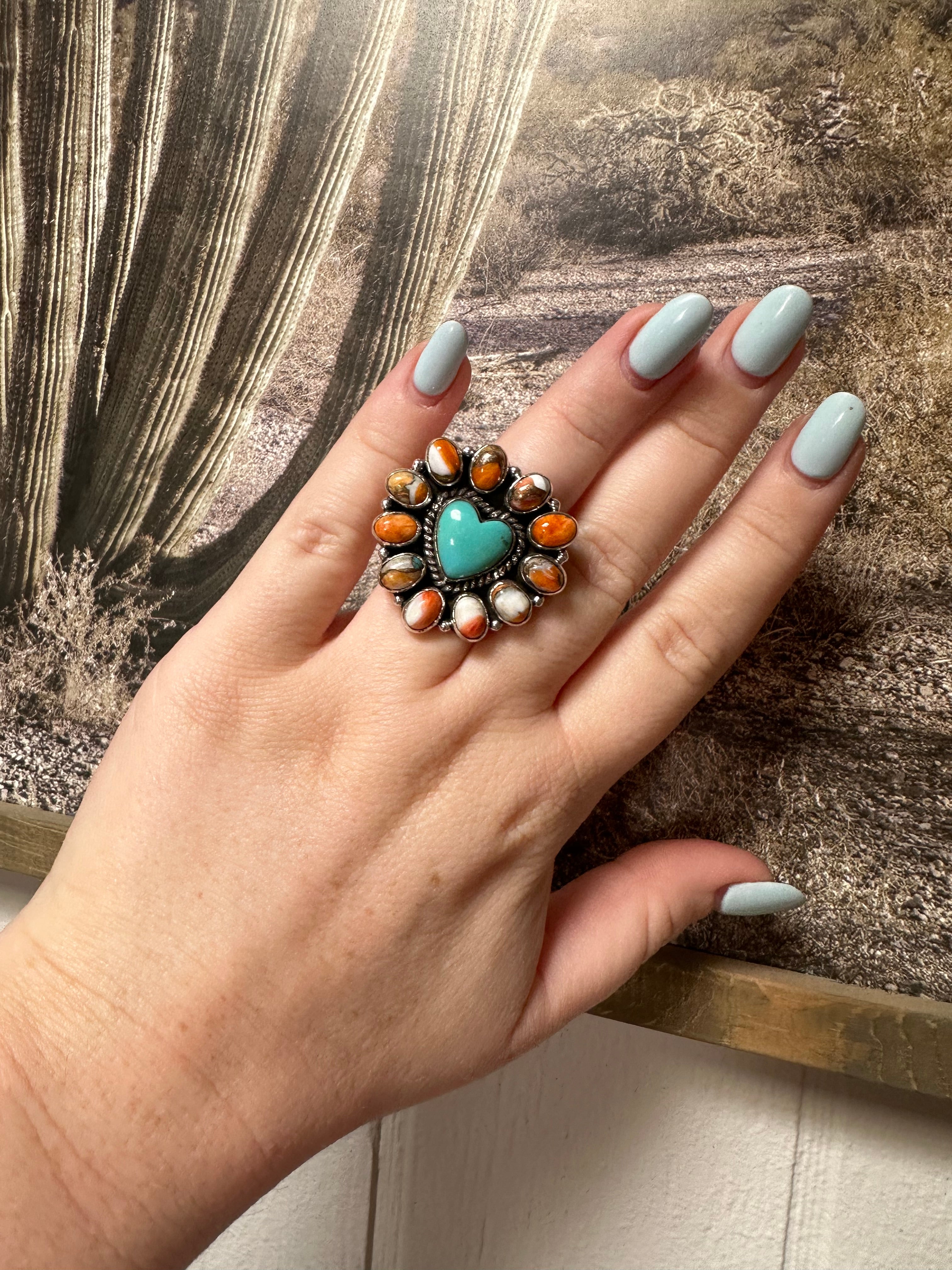 Handmade Sterling Silver, Turquoise, Orange Mojave Cluster Adjustable Ring