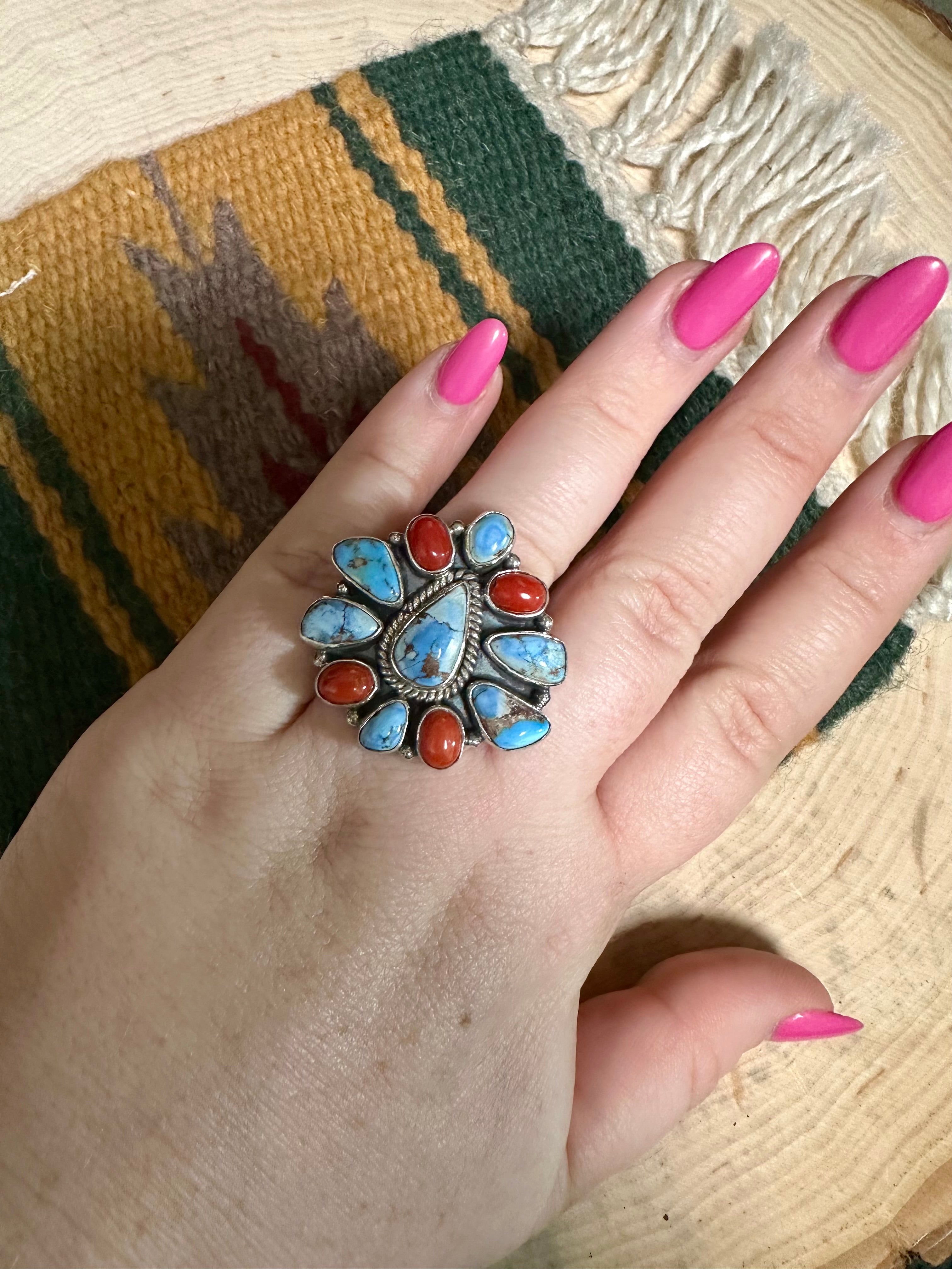 Beautiful Handmade Sterling Silver, Golden Hills Turquoise & Coral Adjustable Ring