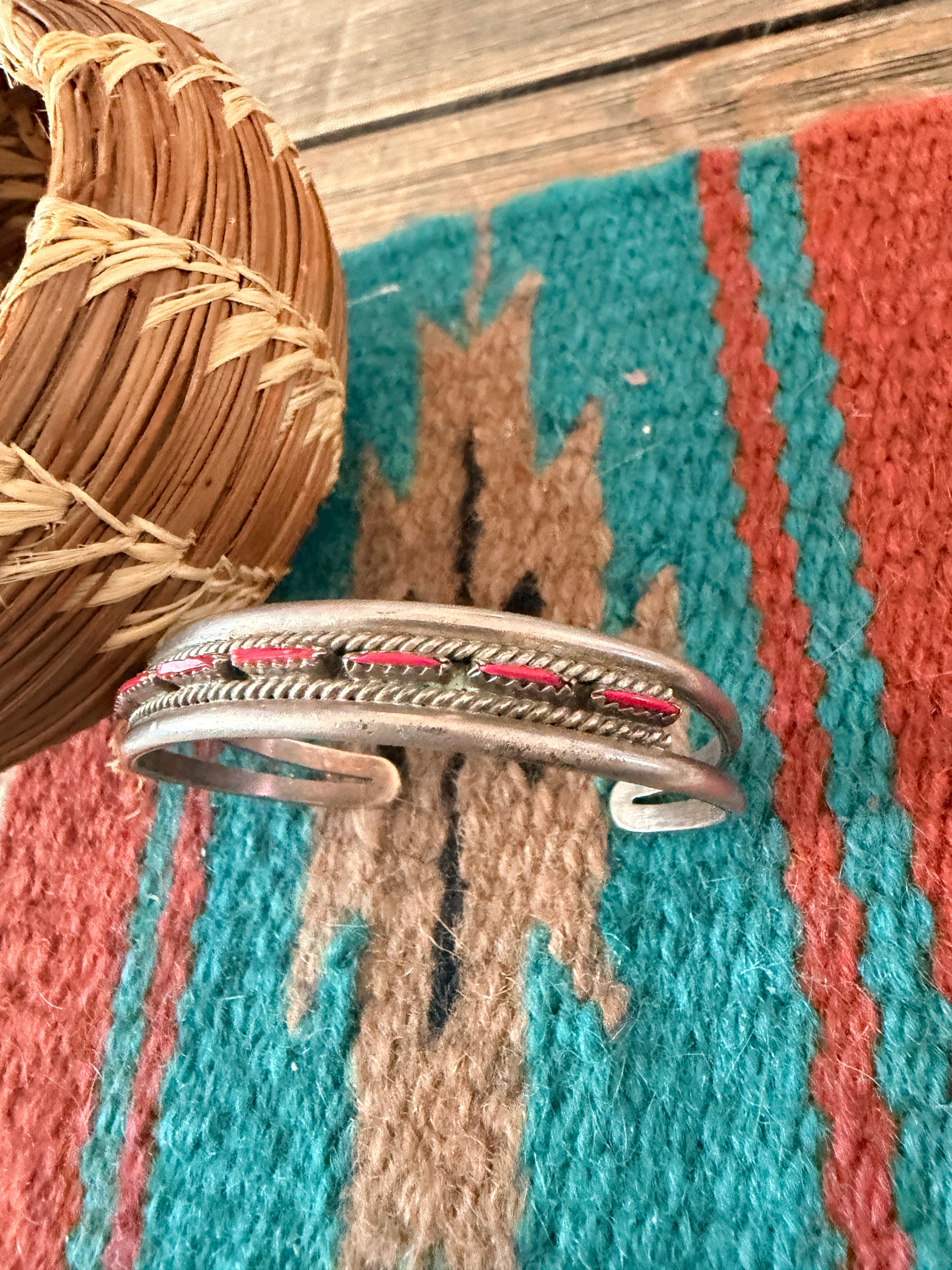 Handcrafted Old Pawn Sterling Silver & Coral Needlepoint Cuff Bracelet