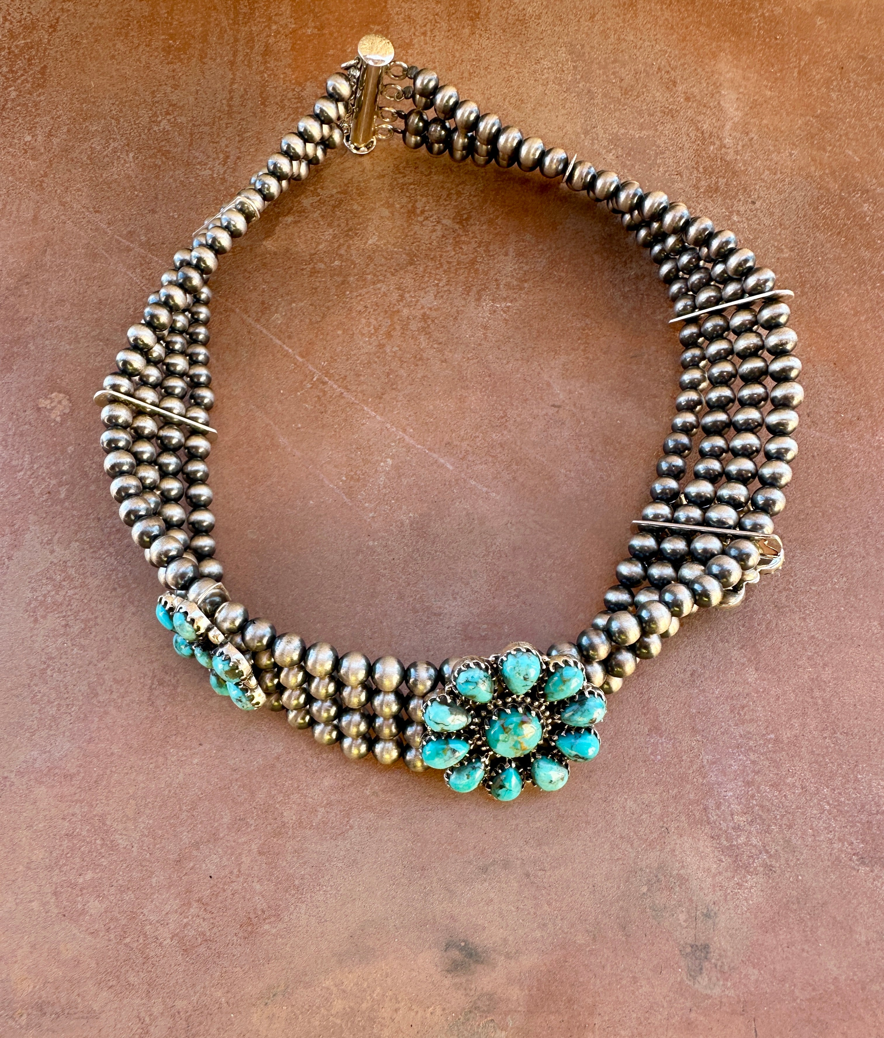 Handmade Sterling Silver Pearl & Natural Turquoise Choker Necklace Signed Nizhoni