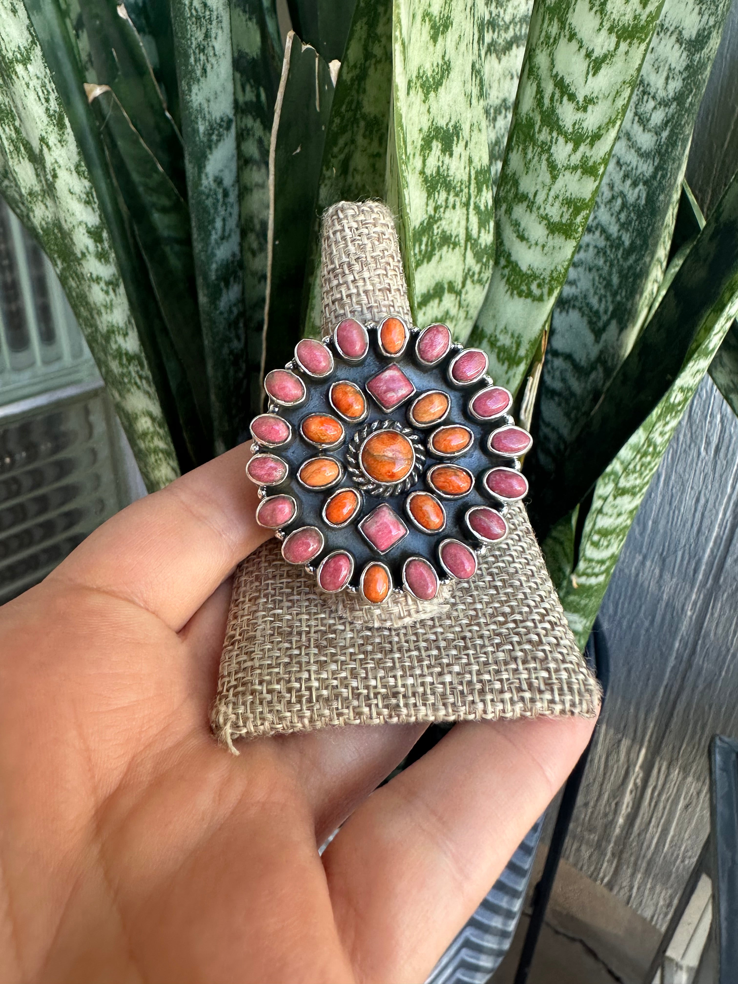 Beautiful Handmade Rhodonite, Orange Mojave And Sterling Silver Adjustable Ring