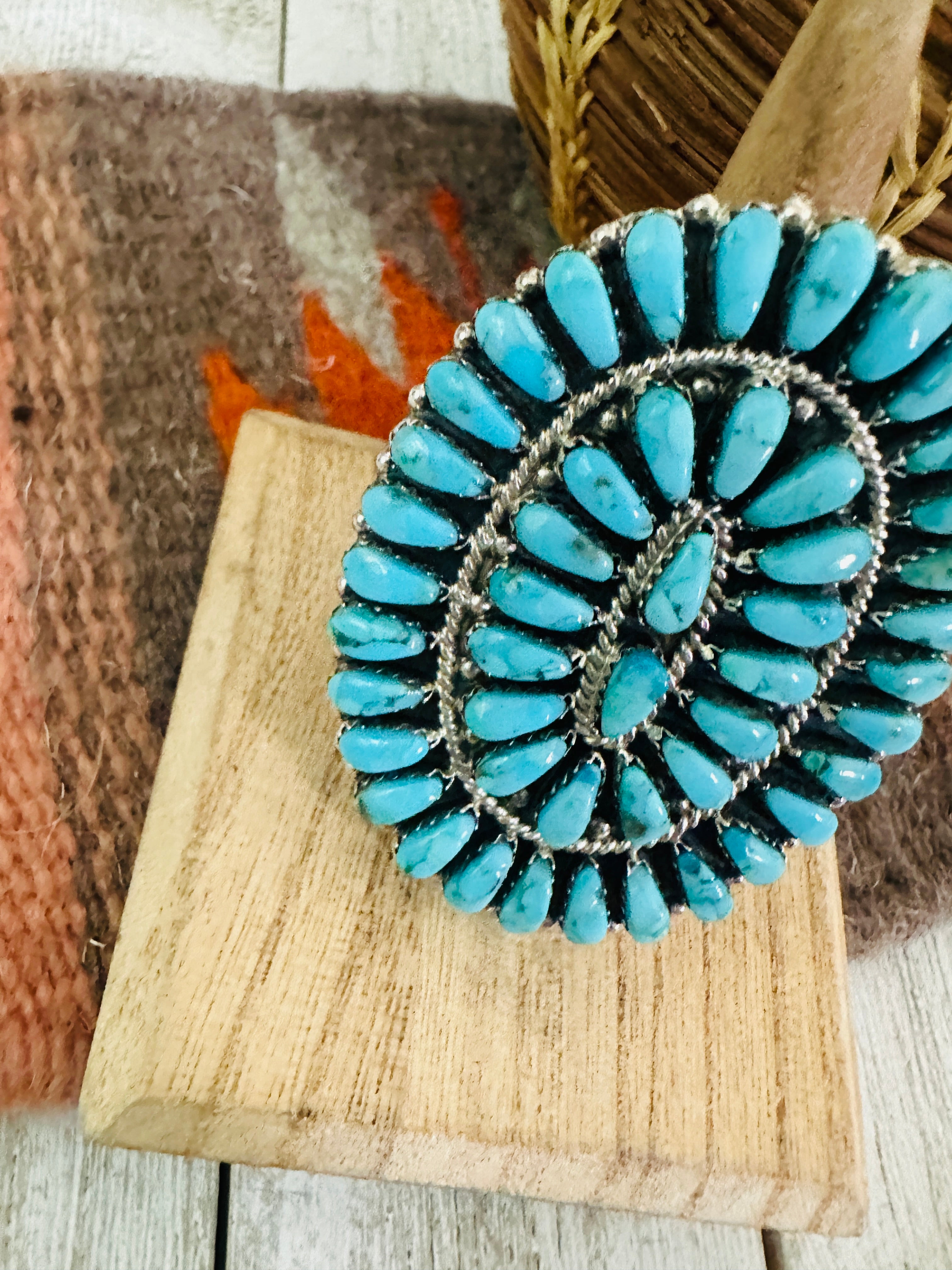 Navajo Turquoise & Sterling Silver Cluster Adjustable Ring