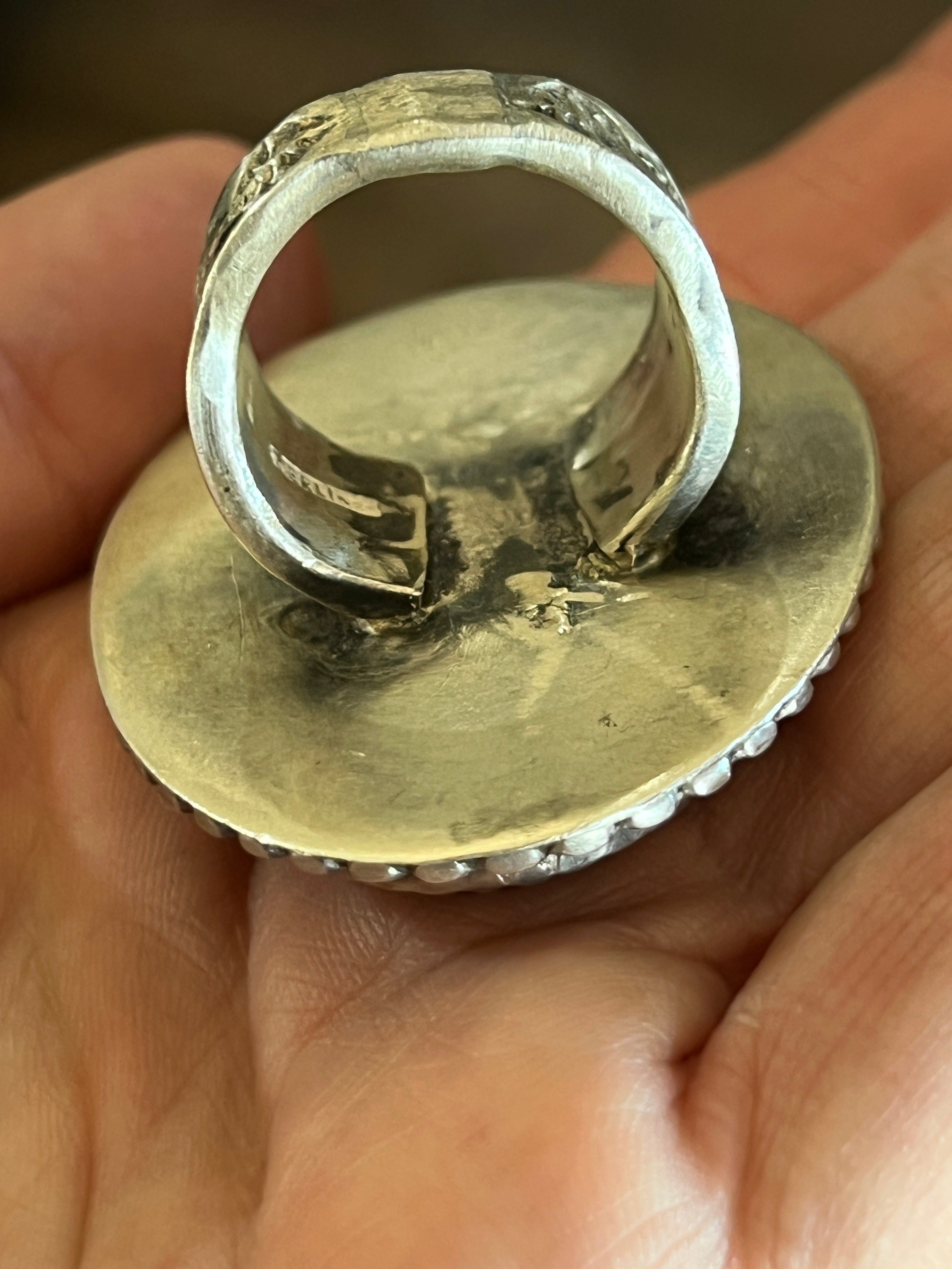 Vintage Sterling Silver and Wood Ring with Turquoise and Mother of Pearl Inlay Steer Head, Size 10.5