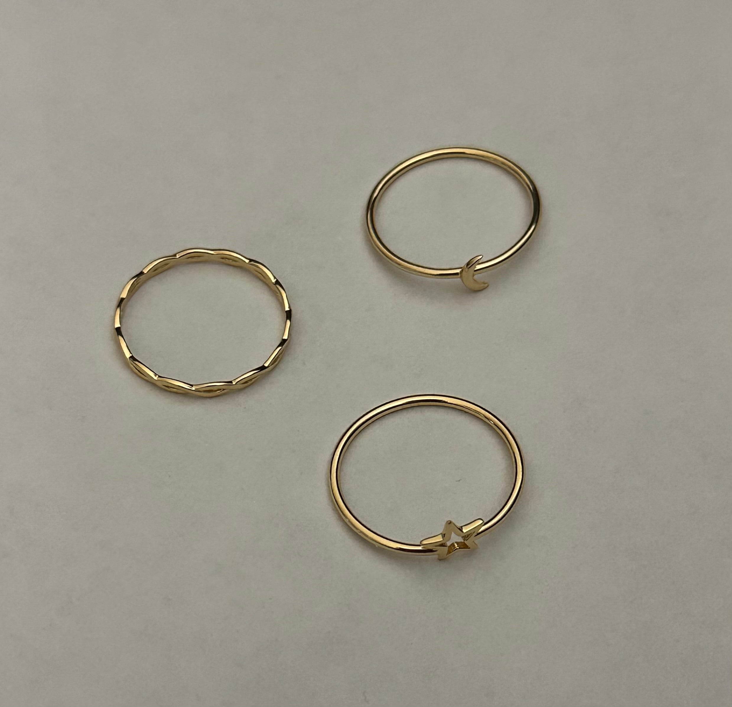 Sterling Silver Gold Plated Celestial Stacking Ring Set of 3