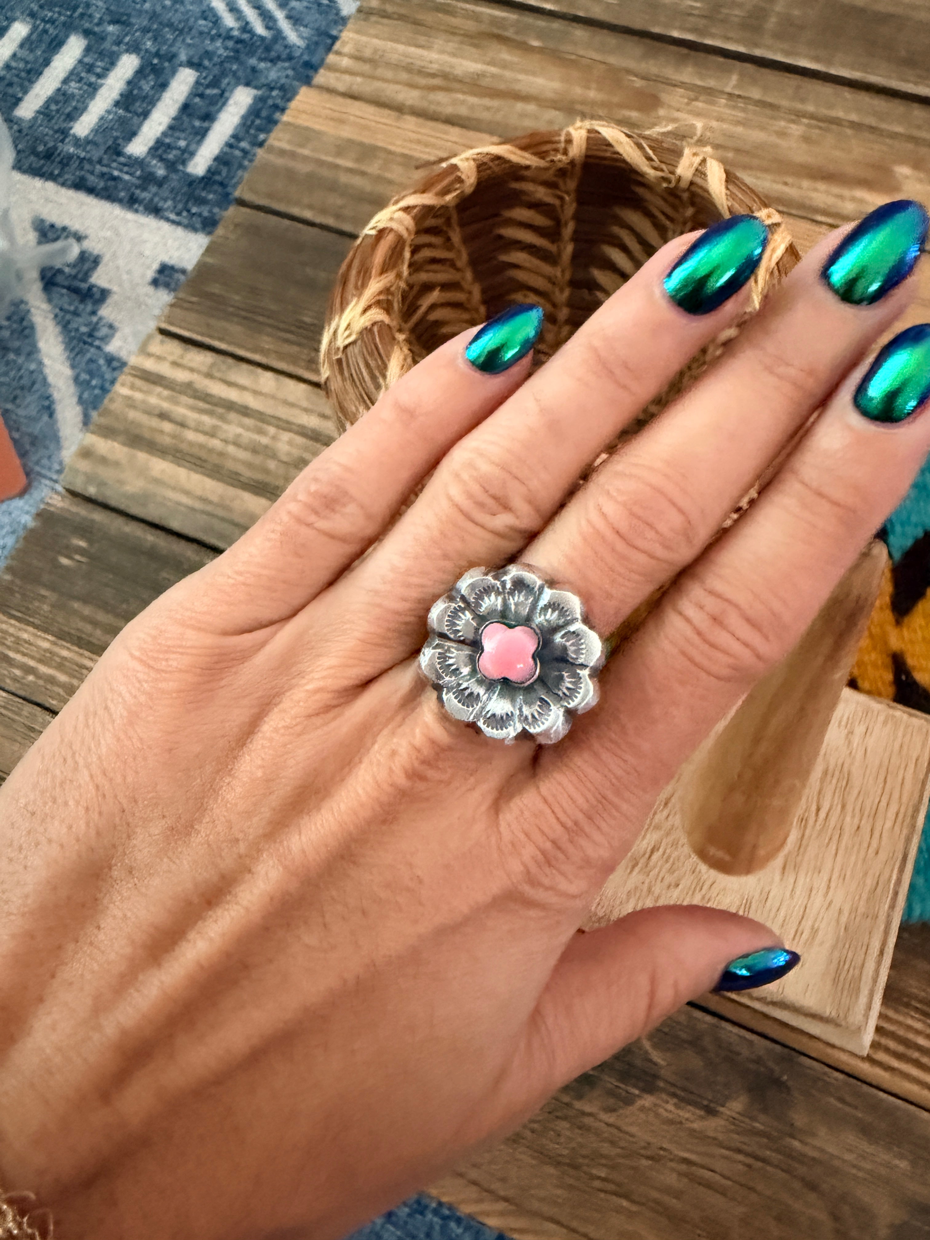 Handcrafted Queen Pink Conch and Sterling Silver Flower Ring size 7.5 by Chimney Butte