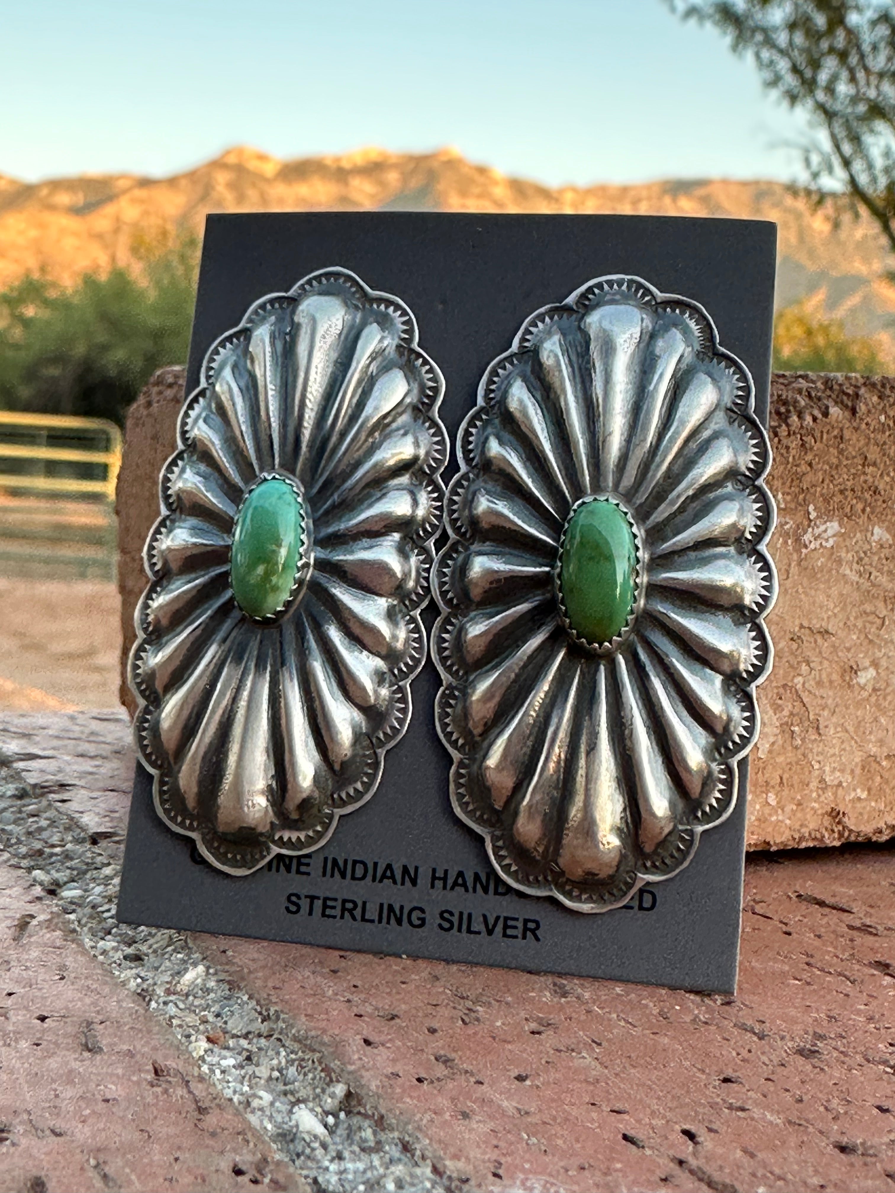 Rita Lee Navajo Hand Stamped Sterling Silver & Turquoise Concho Post Earrings