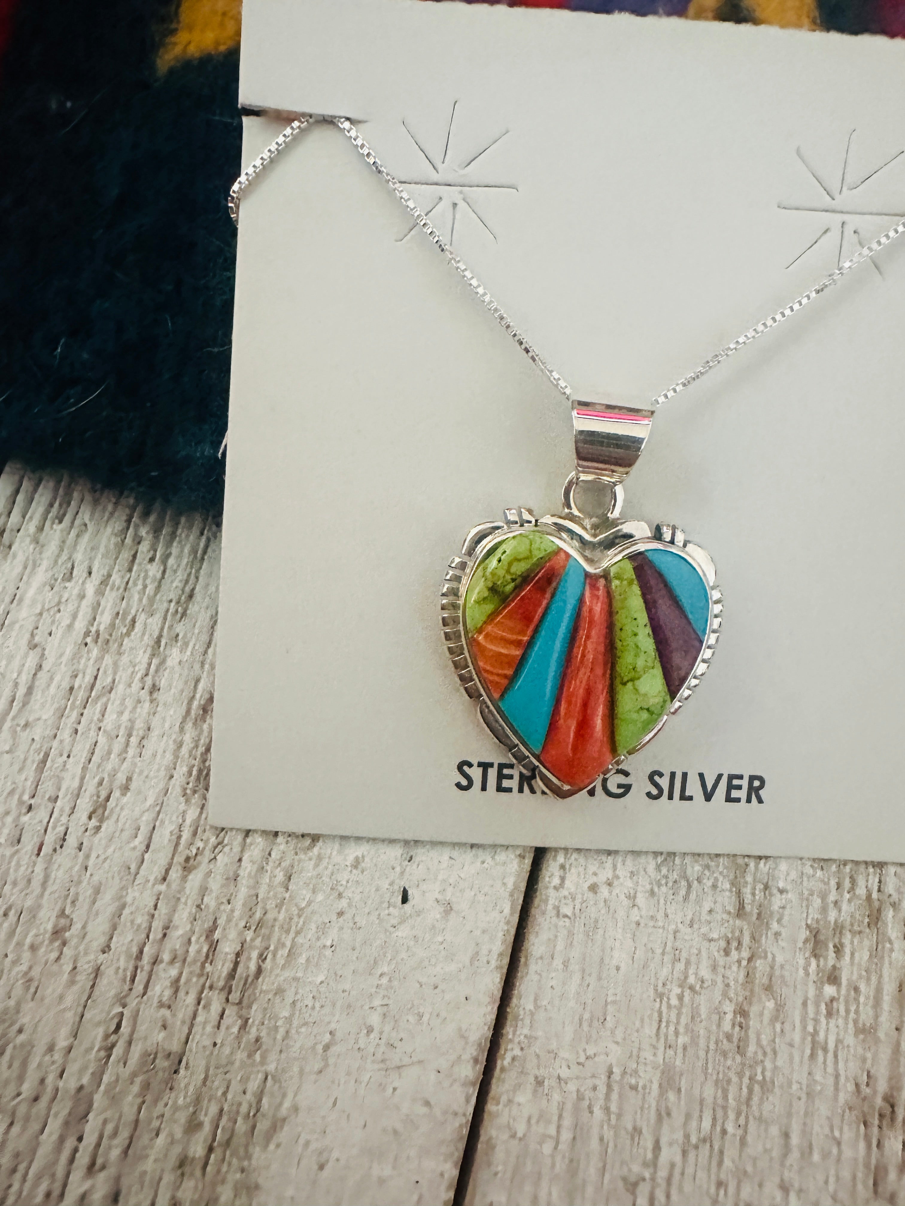 Navajo Multi Stone & Sterling Silver Inlay Heart Necklace