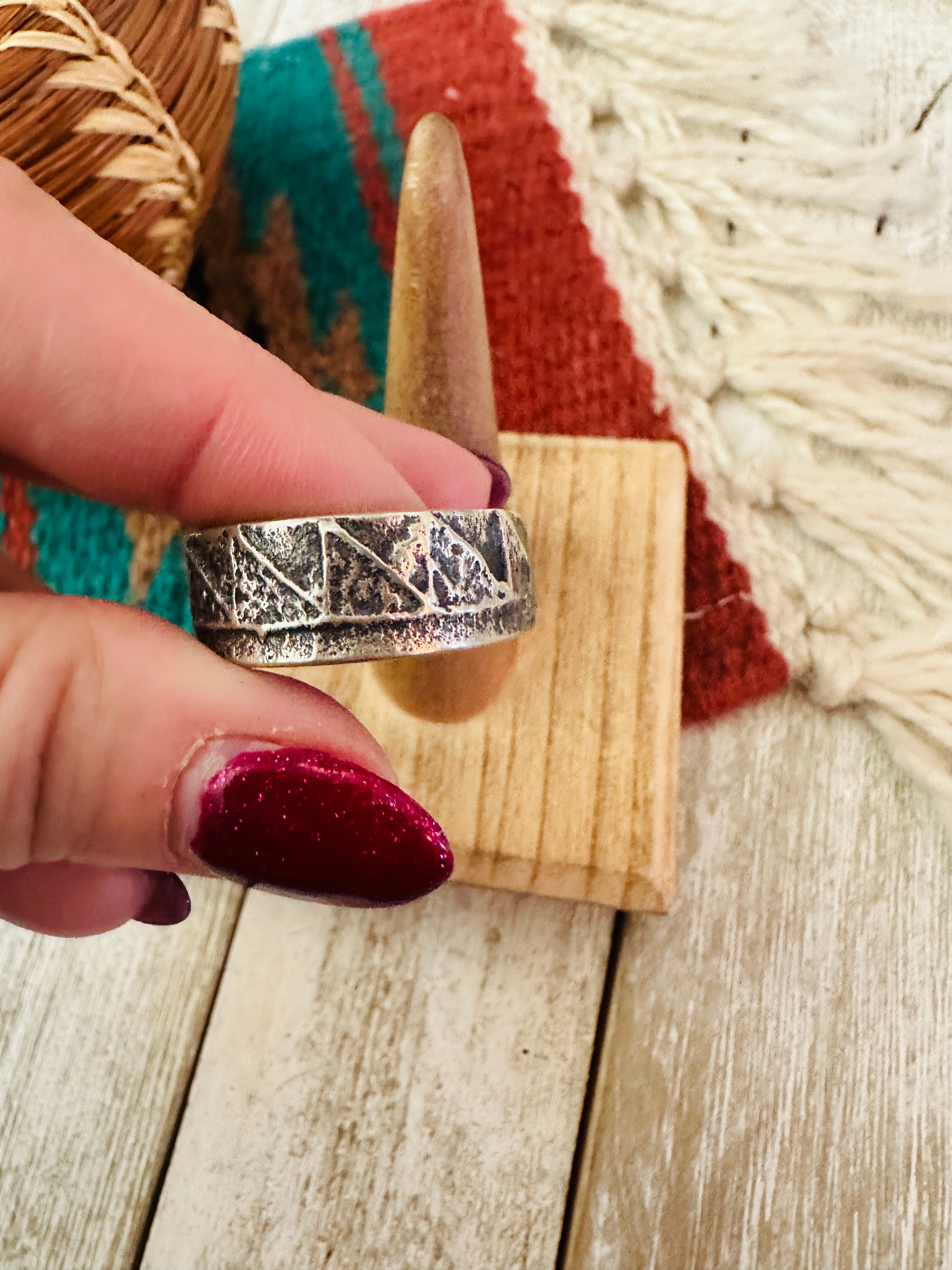 Navajo Sand Cast Sterling Silver Band Ring Size 10.25