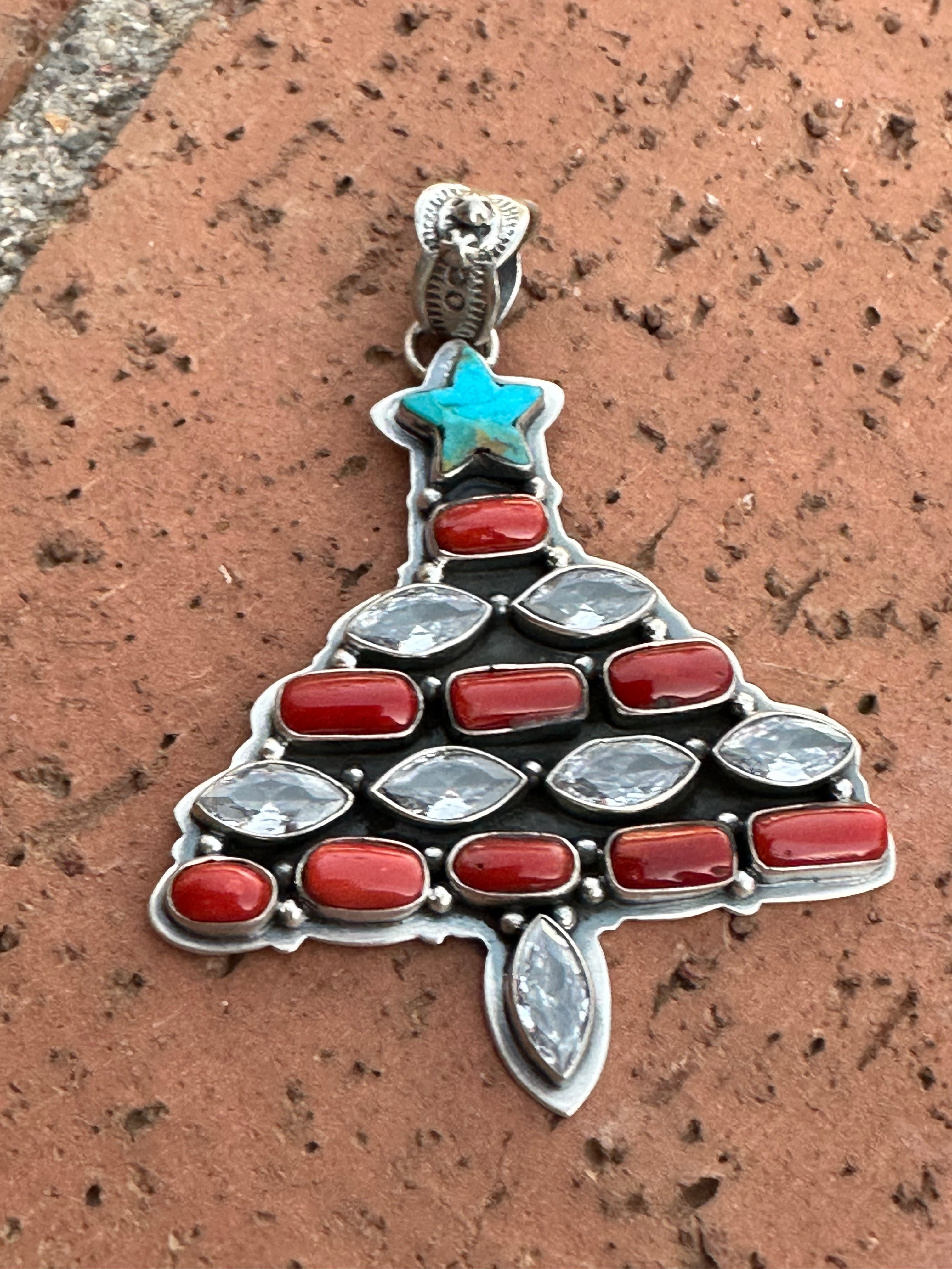 Handmade Sterling Silver, Coral & Turquoise Christmas Tree Pendant