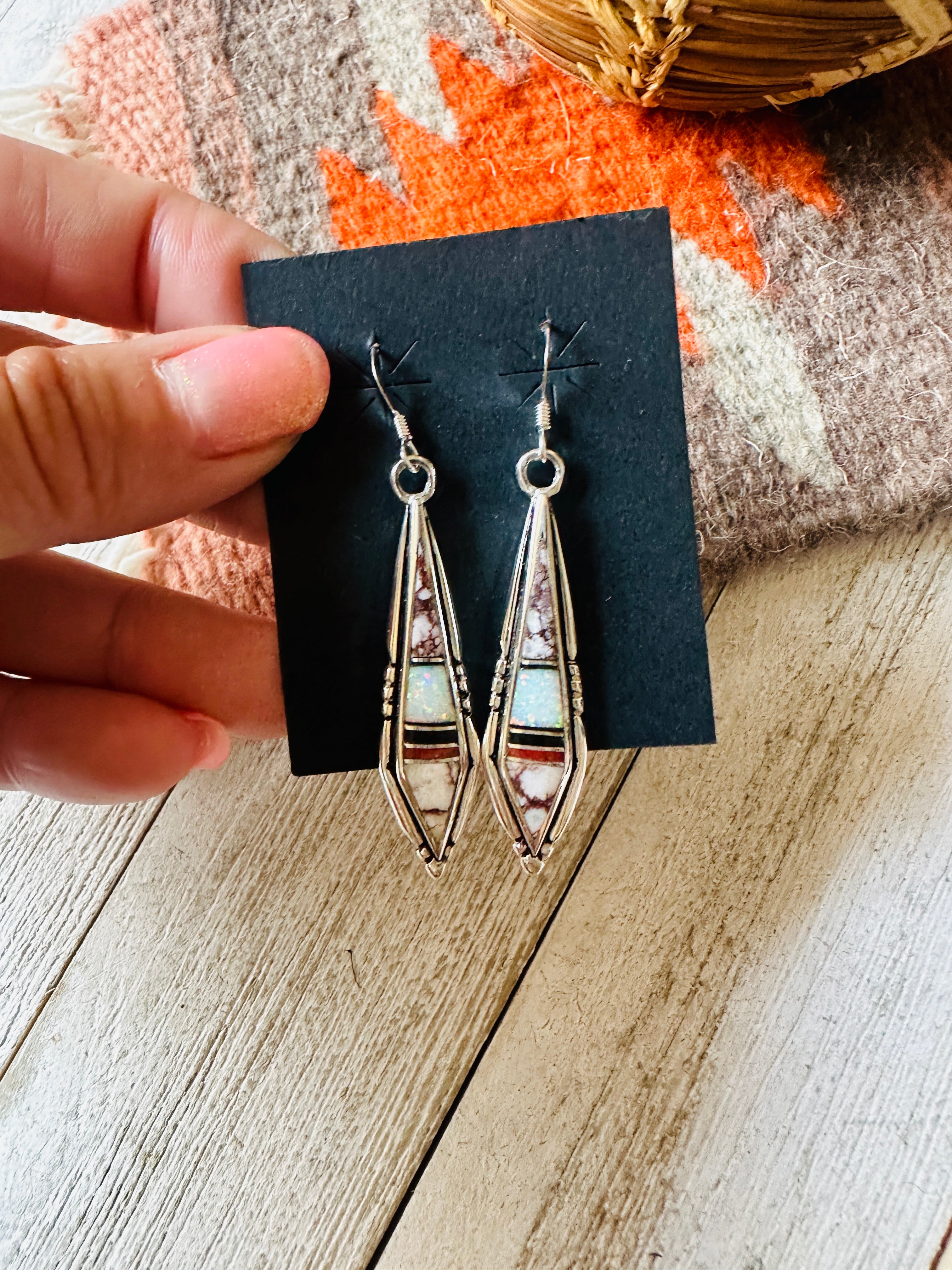 Navajo Sterling Silver & Multi Stone Inlay Dangle Earrings