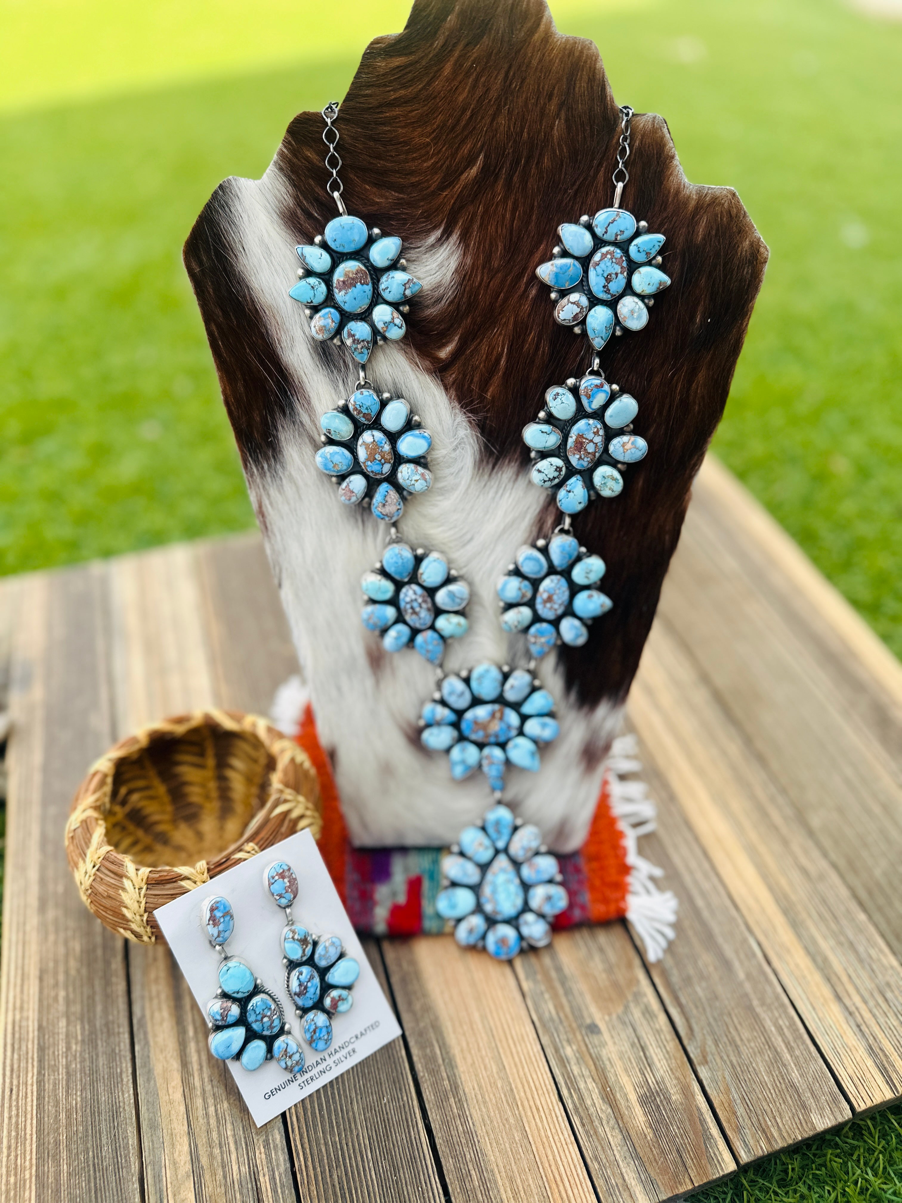 Handcrafted Golden Hills Turquoise & Sterling Silver Necklace and Earring Set by Hiram Largo