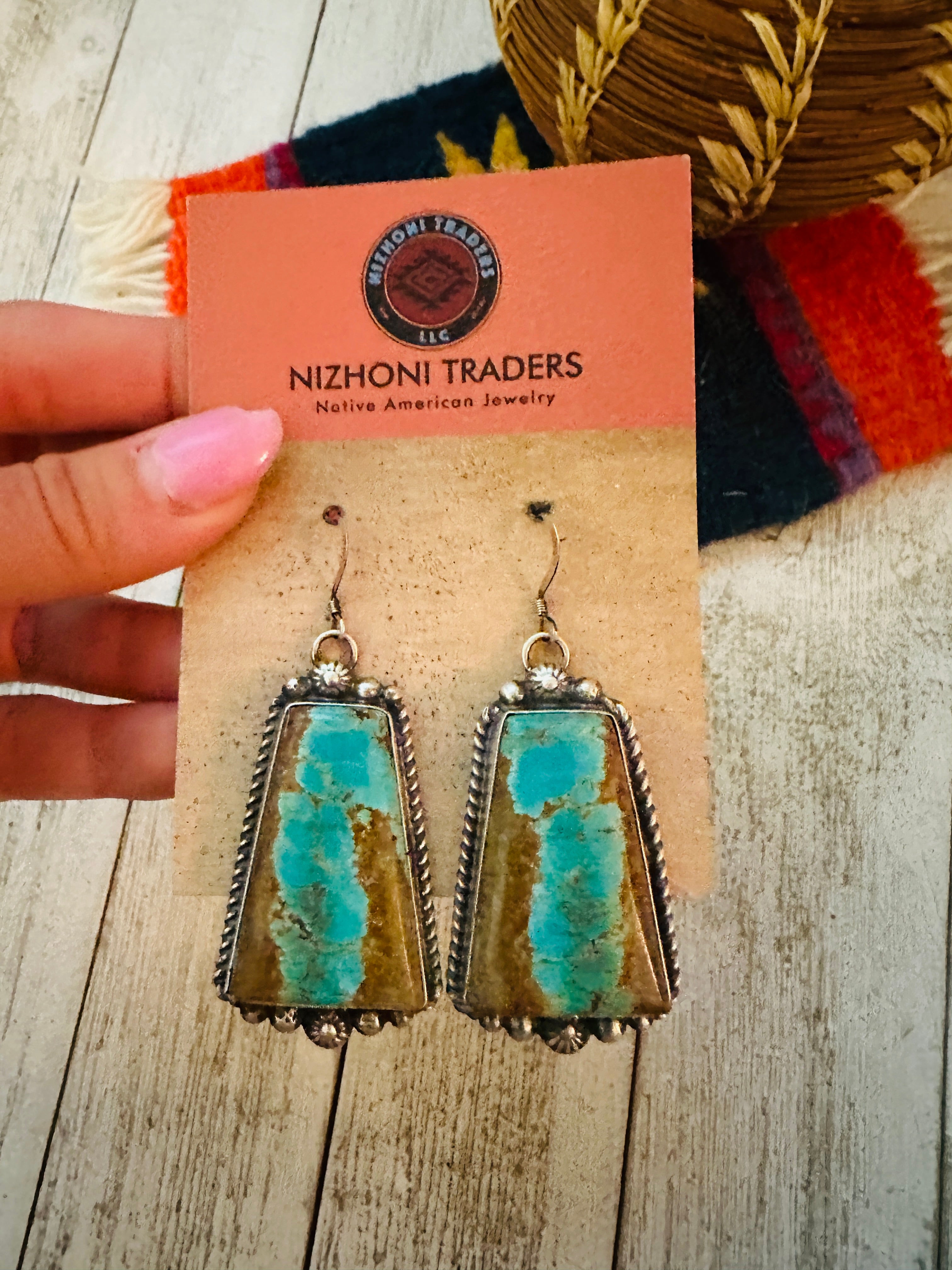 Navajo Number 8 Turquoise And Sterling Silver Dangle Earrings