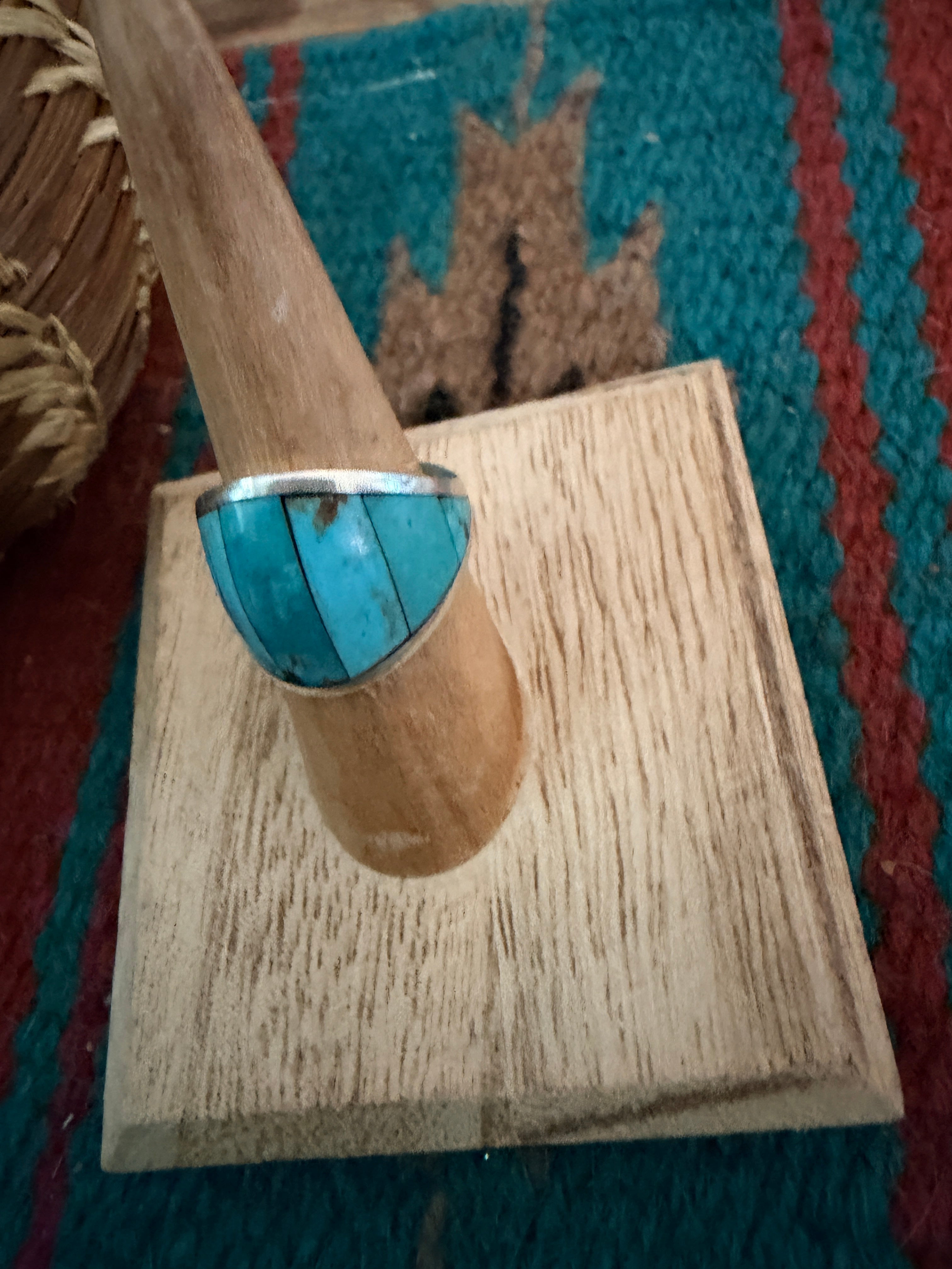 Old Pawn Handcrafted Turquoise & Sterling Silver Inlay Ring Size 6