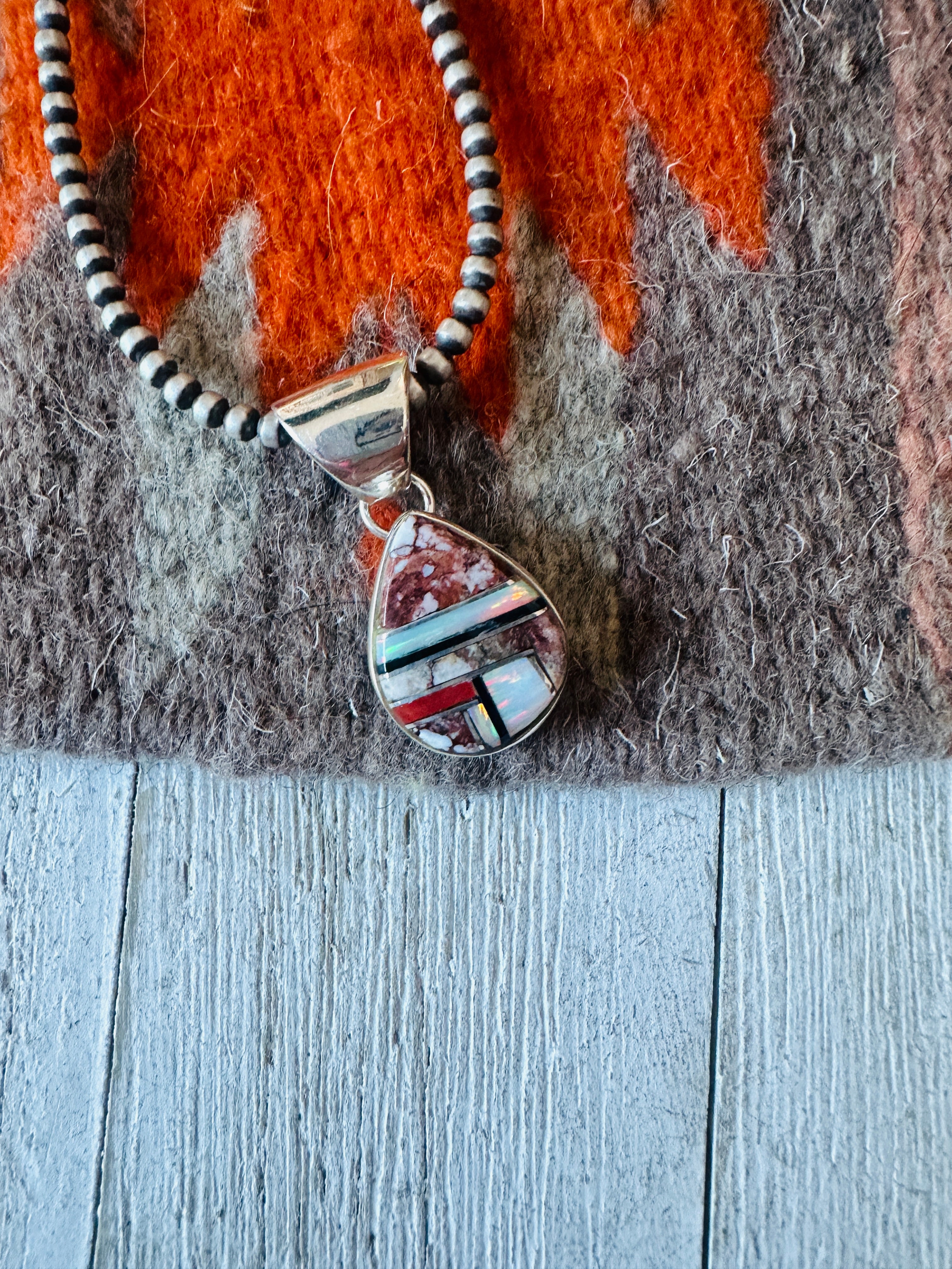 Navajo Multi Stone & Sterling Silver Inlay Teardrop Pendant