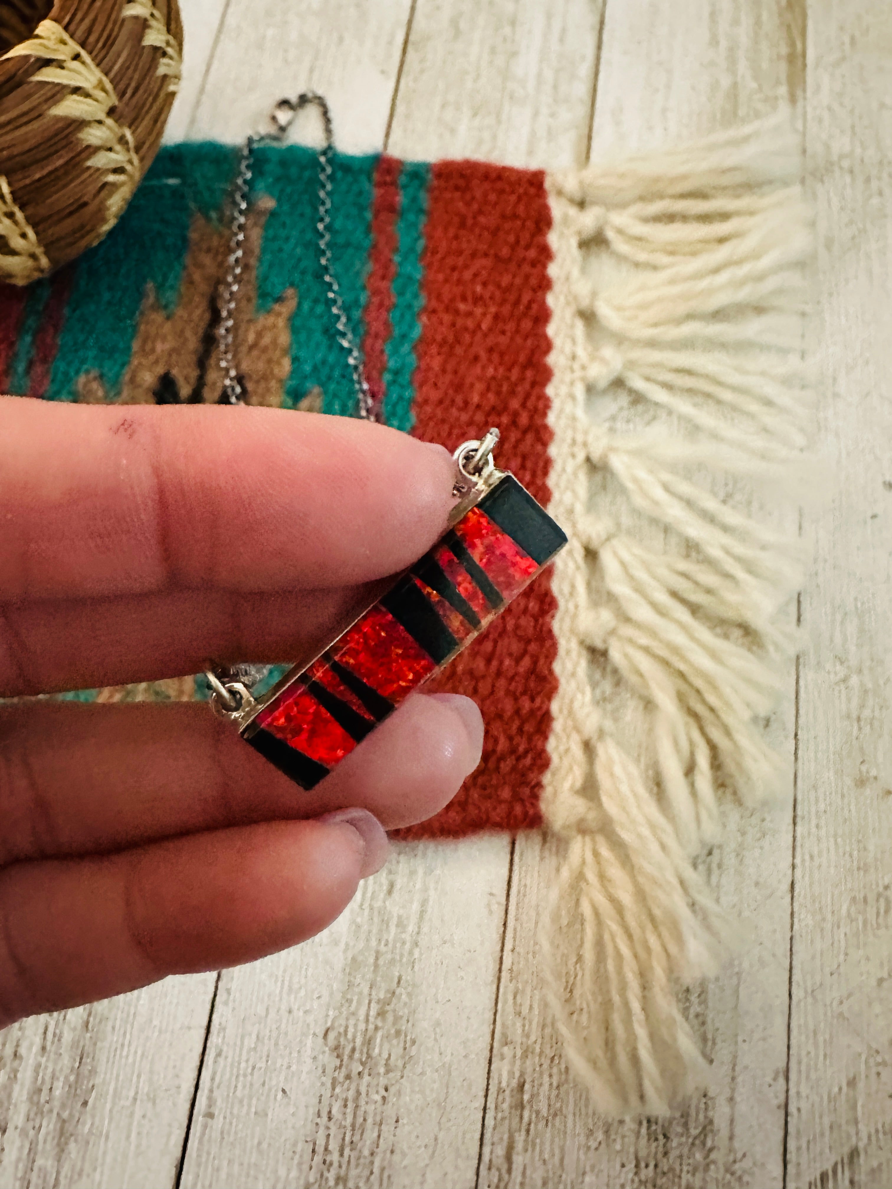 Navajo Opal, Onyx & Sterling Silver Inlay Bar Necklace